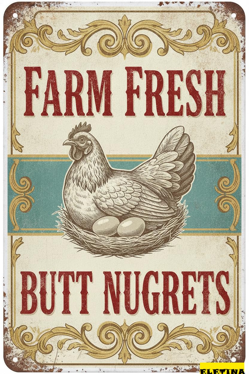 Farm Fresh Butt Nuggets Hen House Tin Sign, 8x12 Inch
