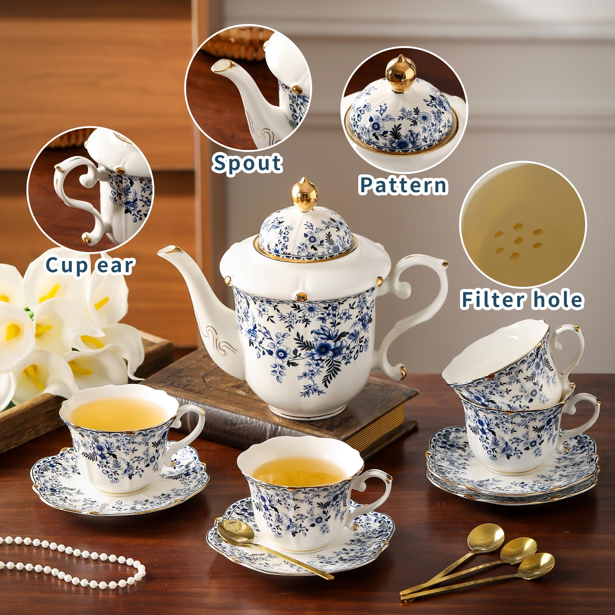 TATSUMI Country Roses Porcelain Tea Set, European Ceramic tea set