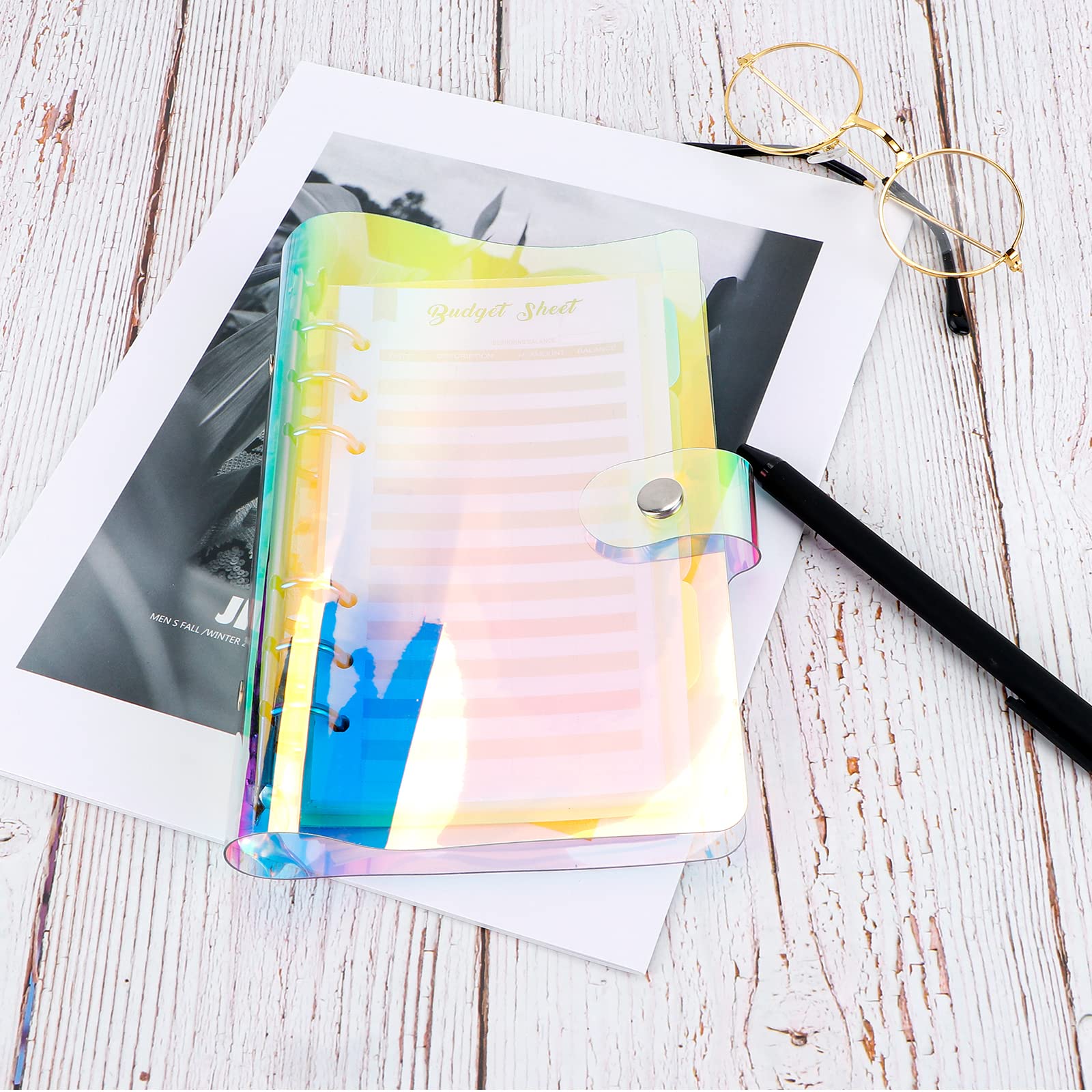 Archivador de PVC blando transparente con anillas de 6 agujeros, recargable para hojas sueltas A6/A5, cubierta protectora irisada tipo láser, ideal para cuadernos de notas y presupuestos
