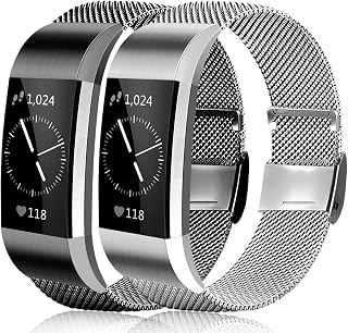 Amzpas Metal Replacement Bands Compatible with Fitbit Charge 2 Bands, Adjustable Stainless Steel Metal Bracelet Strap for Fitbit Charge 2 HR Fitness Tracker Men Women Small Large (#A,2PCS(Black+Silver), Large)