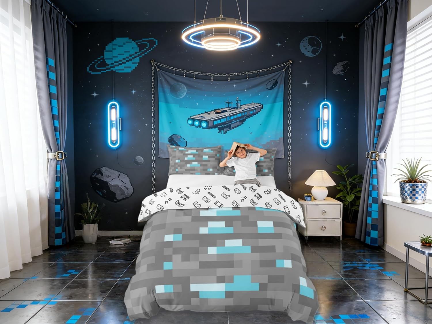 Manfei Pixelated Blocks Miners Kids Duvet Cover Set Queen Size,Video Games Game Gamepad Girls Boys Bedding Set,Geometric Grid Patchwork Room Decor,Gray Blue Quilt Cover,2 Pillowcases(No Comforter)