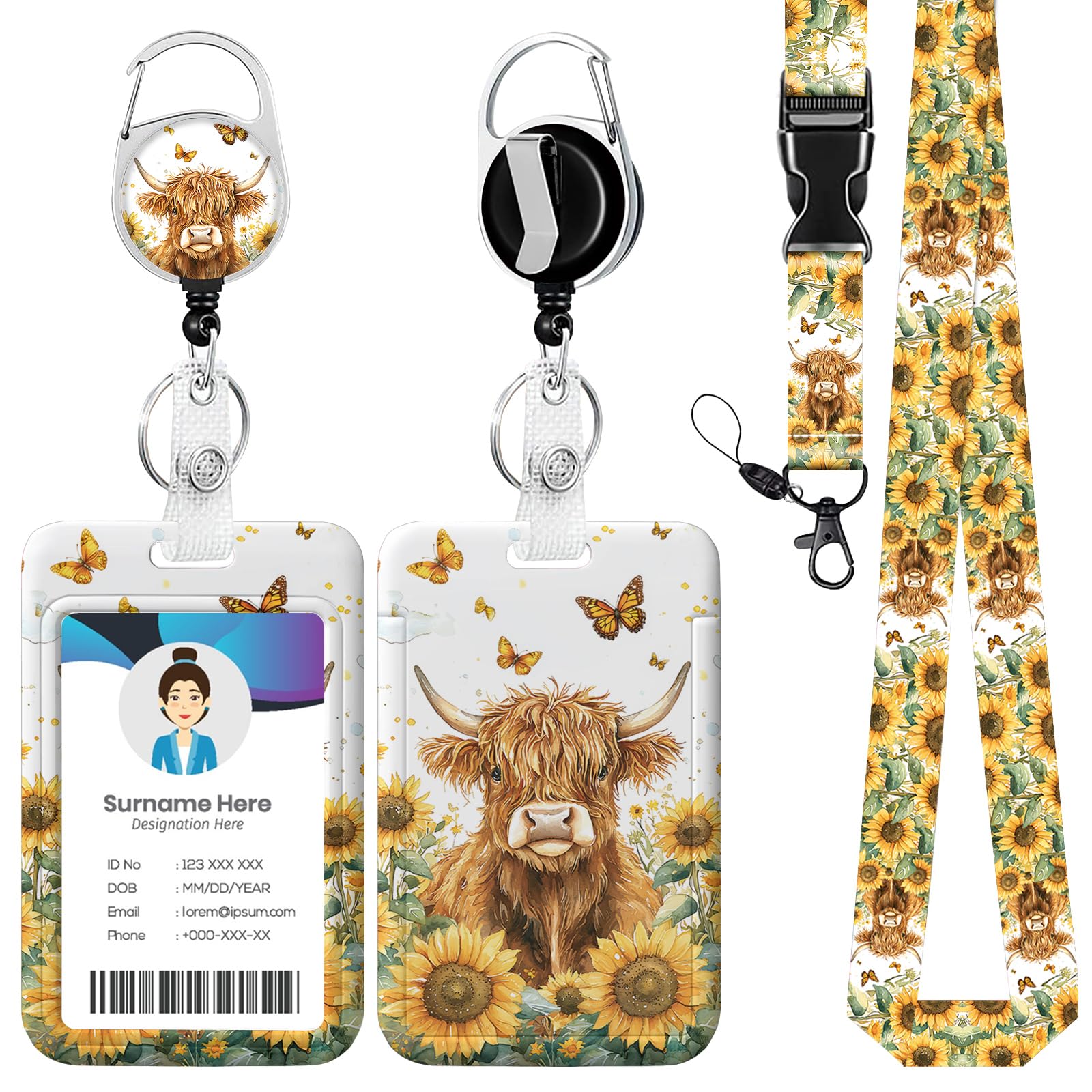 Highland Cow Sunflower Badge Holder Reel Lanyard, ID Card Badge Holder Retractable Name Tag Clips for Doctor Nurse Teacher Office Student
