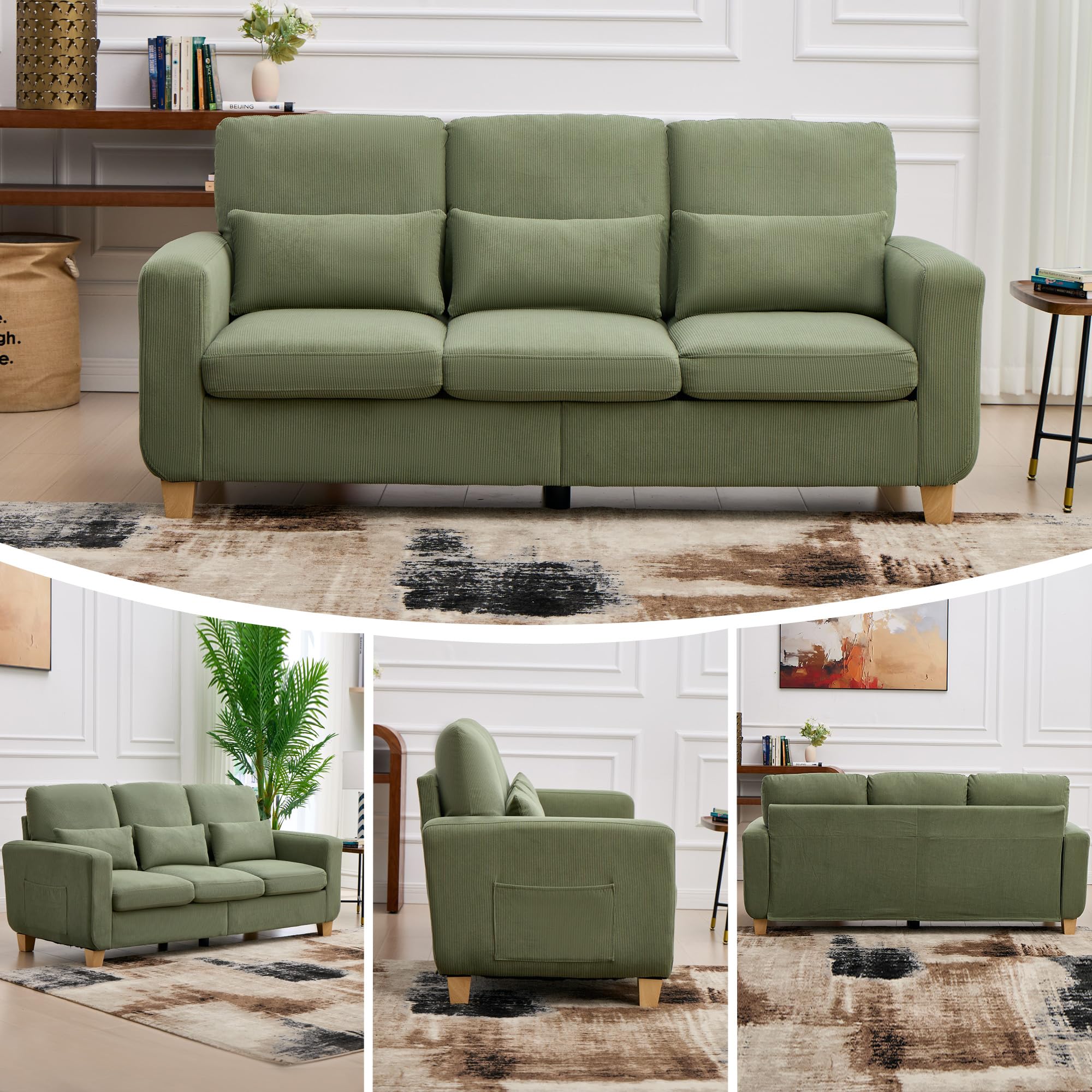 EBELLO Sofa 188 cm, 3-5 Sitzer Couch, modernes Sofa aus Cord, Wohnzimmersofa geeignet für kleine Räume, Schlafzimmer, Wohnungen und Büros, Grasgrün