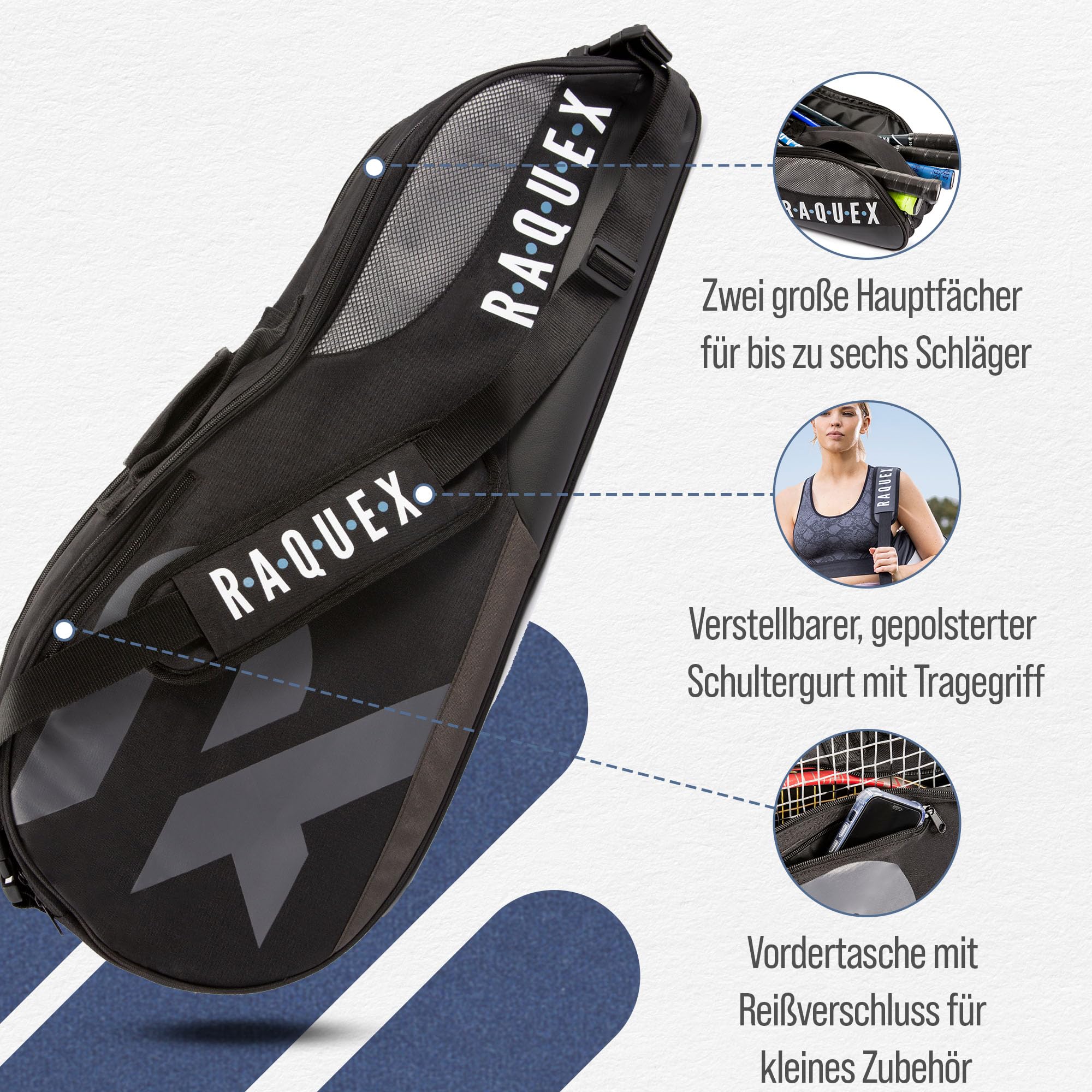 Raquex Schlägertasche - Blau/Schwarz/Magenta - für Tennis-, Badminton- und Squashschläger. Tennistasche für bis zu 6 Schläger + Zubehör + Sportschuhe