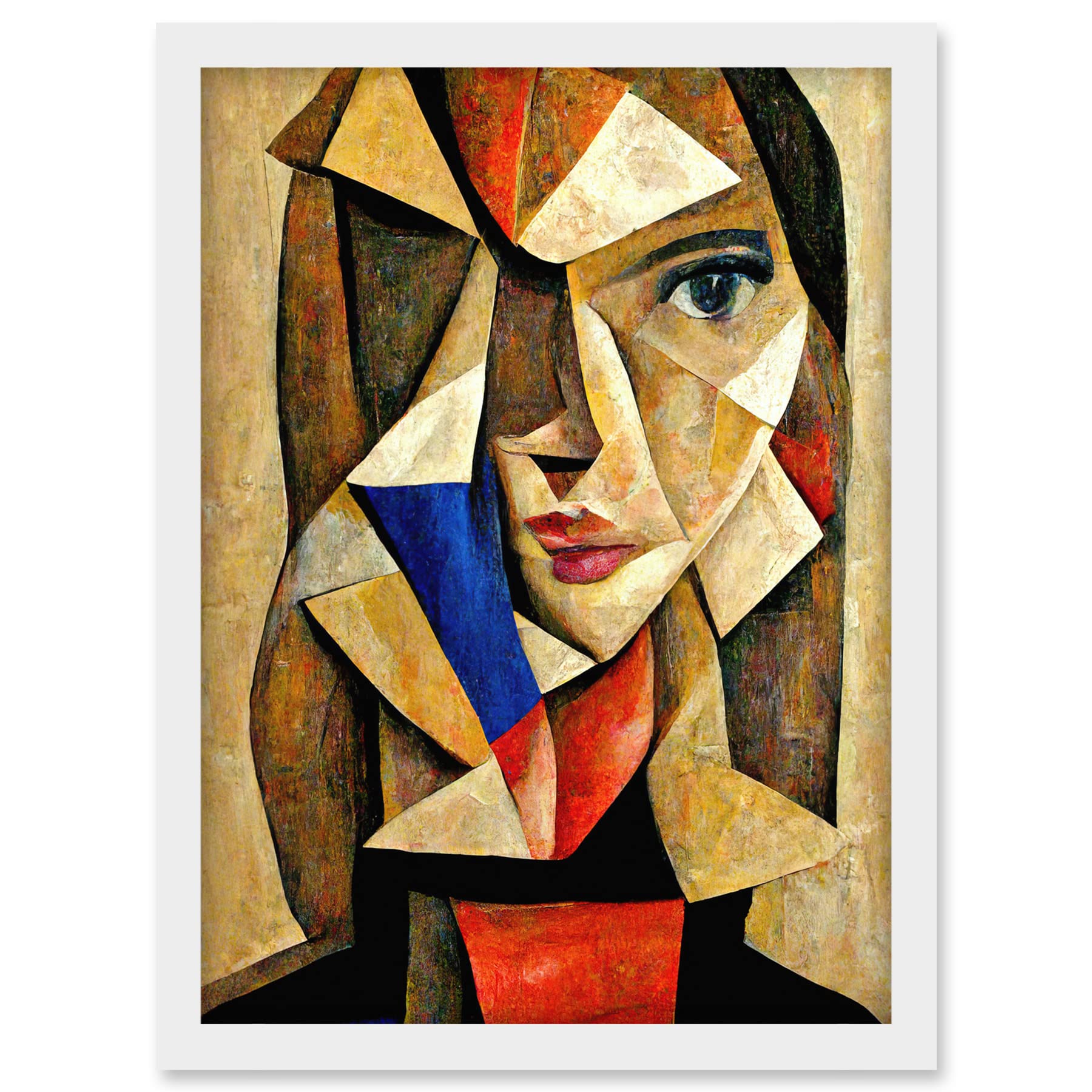 Doppelganger33 LTD Painting Cubism Style Portrait Of Young Woman Beige And Brown Artwork Framed A3 Wall Art Print