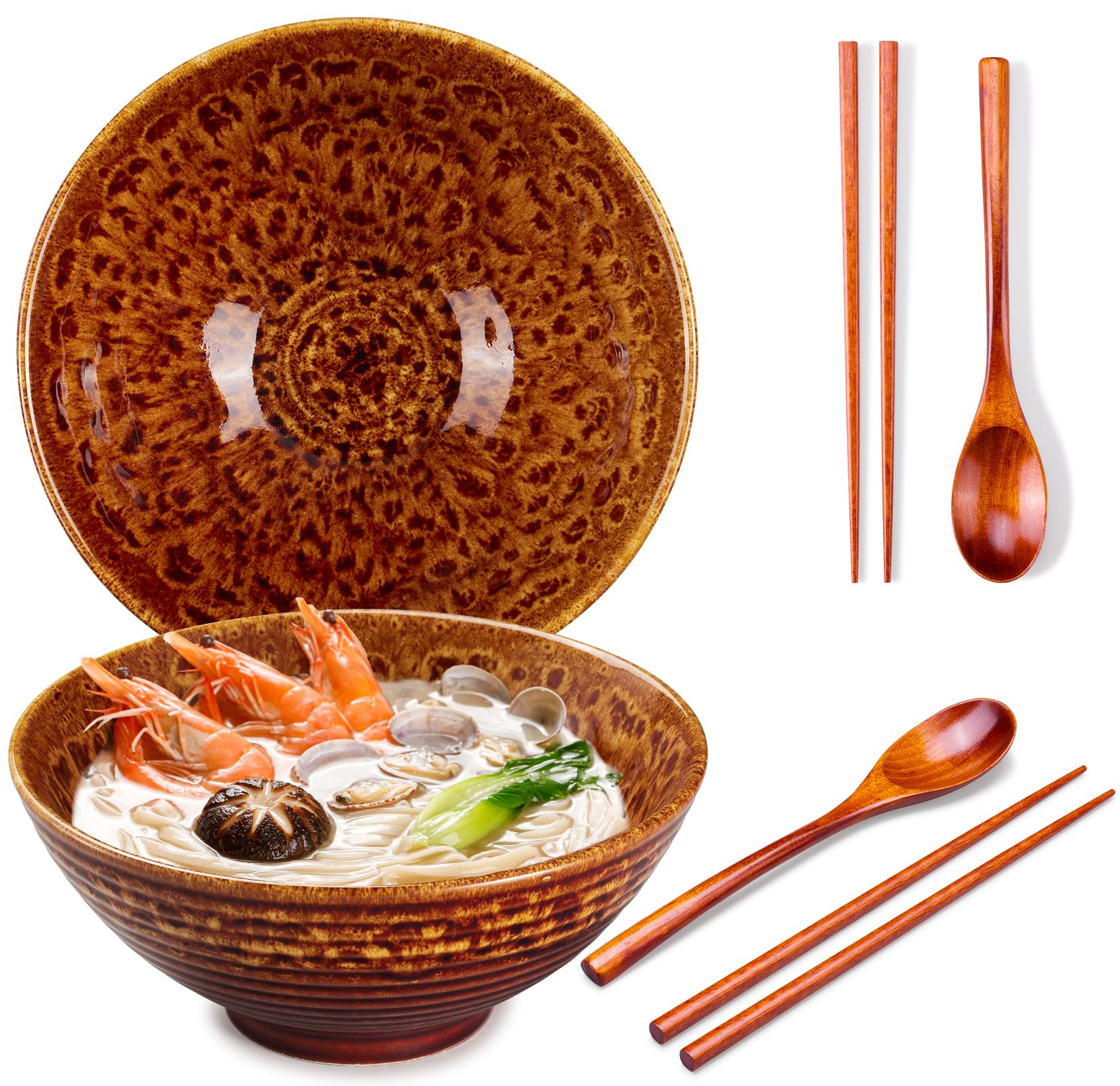 Ceraozmus Ramen Bowl Set Made of Ceramic Set of 8, 2X Ramen Bowl with Chopsticks Ceramic Bowl & Frame Spoon for Asian Noodles and Udon (Flowing Gold 2 Sets)