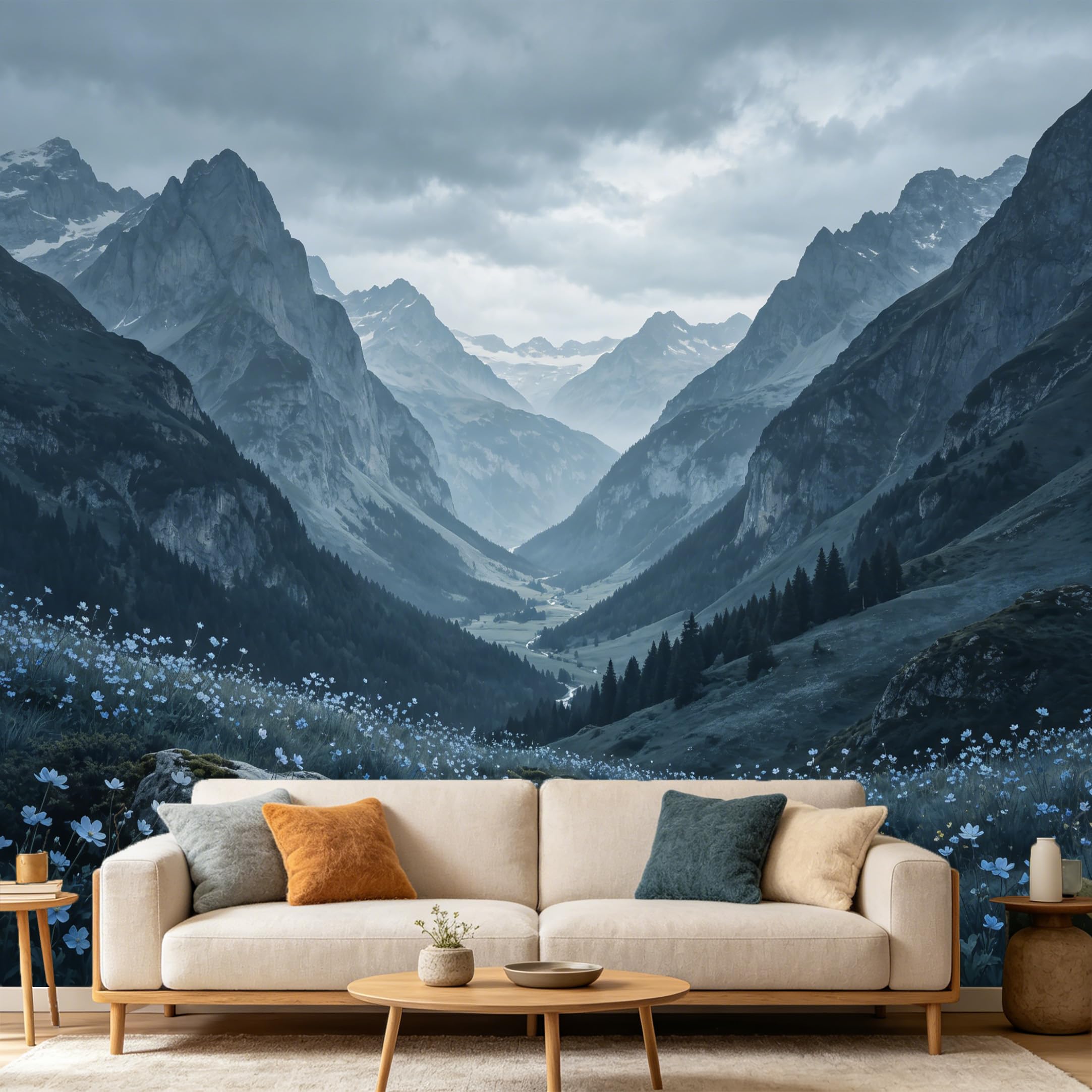 Custom Size Wall Mural Mountain Lake Landscape Alpine Valley Meadow Wildflowers SelfAdhesive Art Prints wall Fabric（No PVC） Removable Wallpaper Home Bedroom Decor