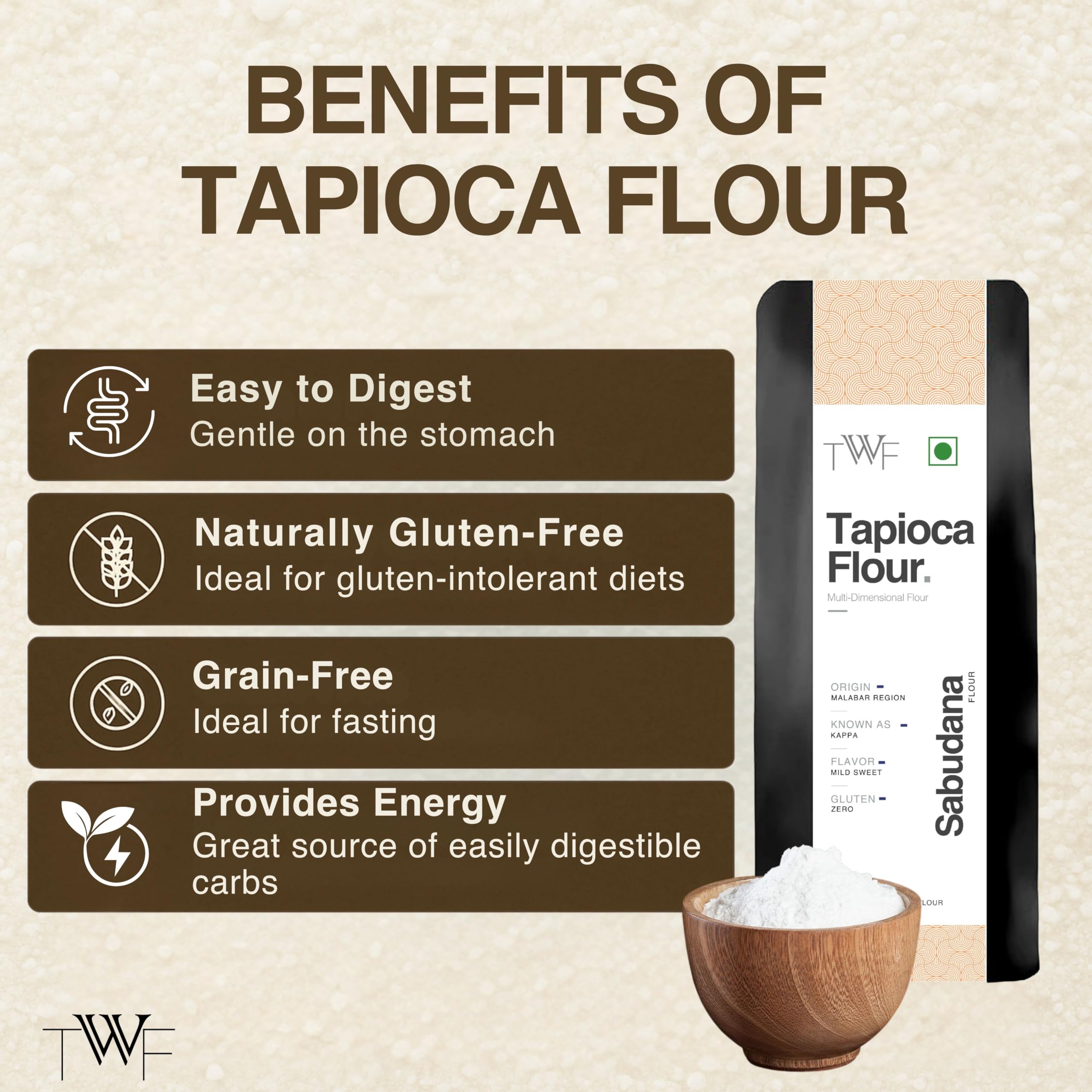 TWF Tapioca Flour | 1kg | Sabudana Atta | Gluten-Free, Grain-Free & Nut-Free | Fasting Friendly | Ideal for Fasting, Baking, Soups, Gravies | Paleo & Vegan | Maravalli Kilangu | Non-GMO | No Preservatives 1