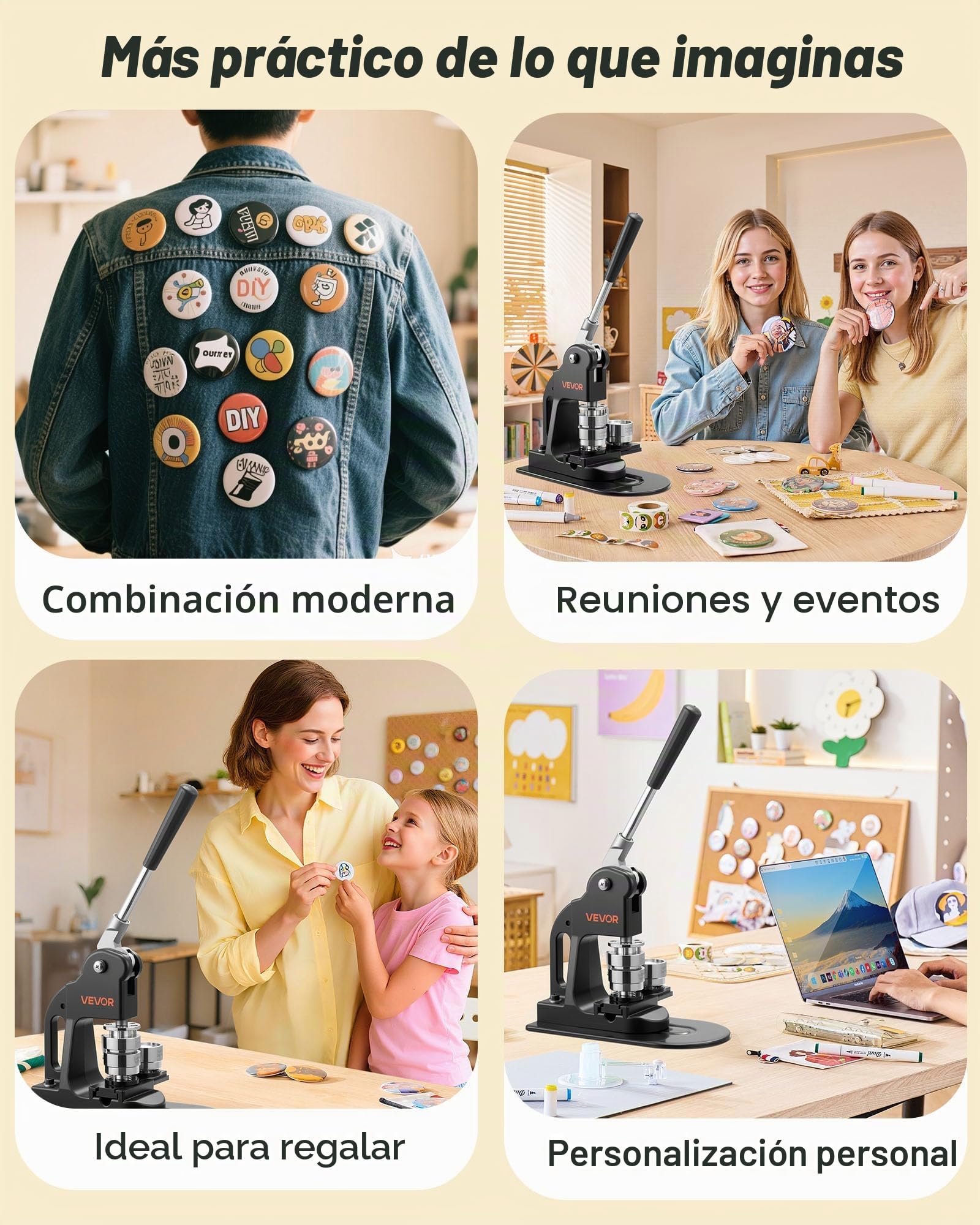 VEVOR Máquina para Hacer Insignias de 32 mm, Máquina para Fabricar Chapas 500 Juegos de Botones, Mango Ergonómico Reforzado, para Crear Insignias, Pines Personalizados, Llaveros, Chapas, Negro