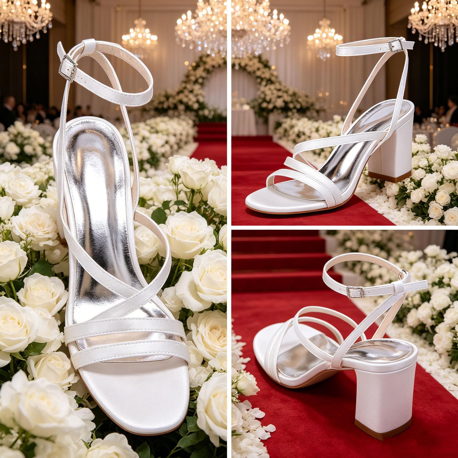 Sandali da Donna in Raso con Tacco Largo, a Punta Aperta, con Fasce Incrociate e Cinturino alla Caviglia con Fibbia Sandali Eleganti da Cerimonia e Sposa