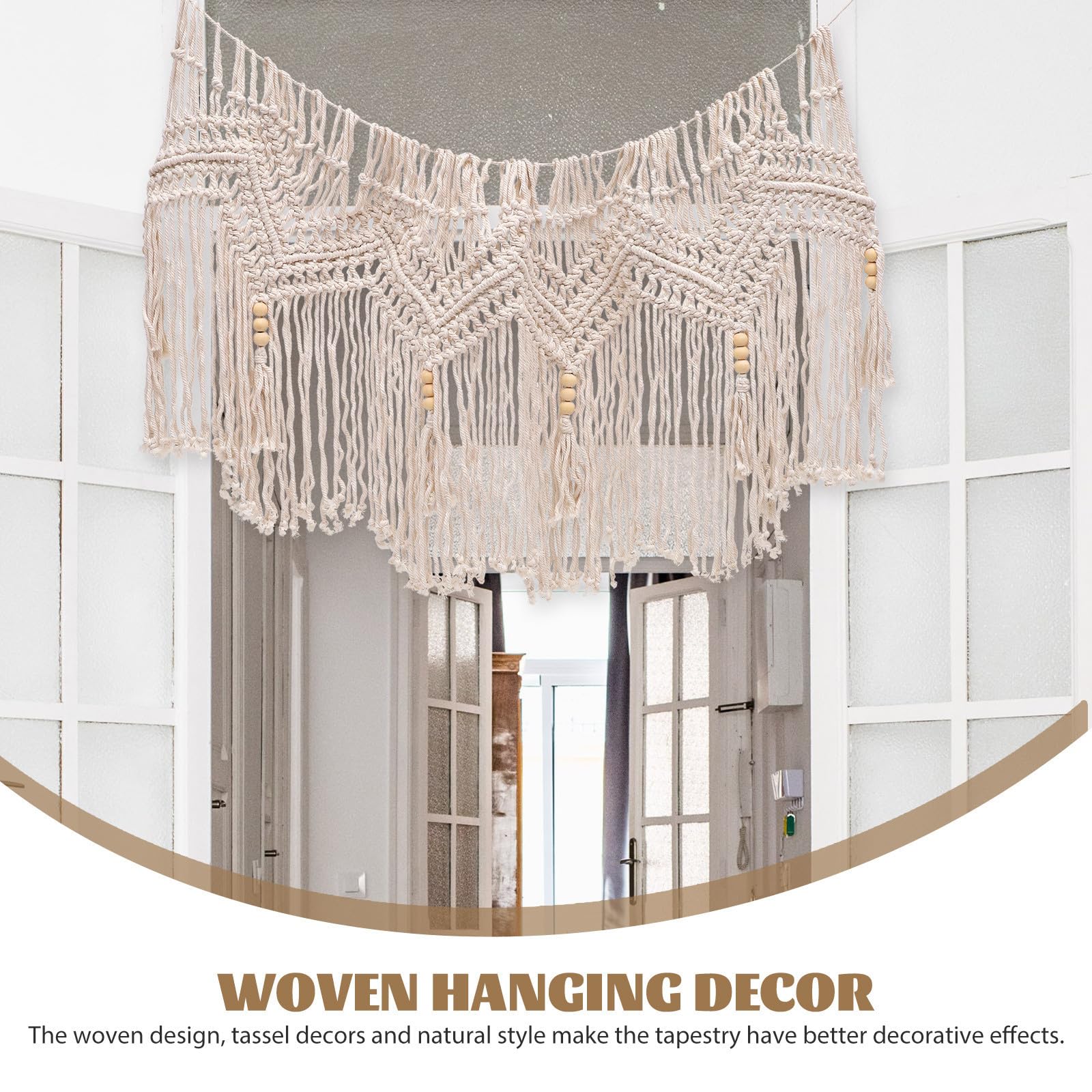 ibasenice Cantonnière Rideau Macramé en Coton Beige Tissée la Main Décorations à Pompons, Style Bohème Naturel pour Fenêtre, Effet Décoratif Élégant et Rustique