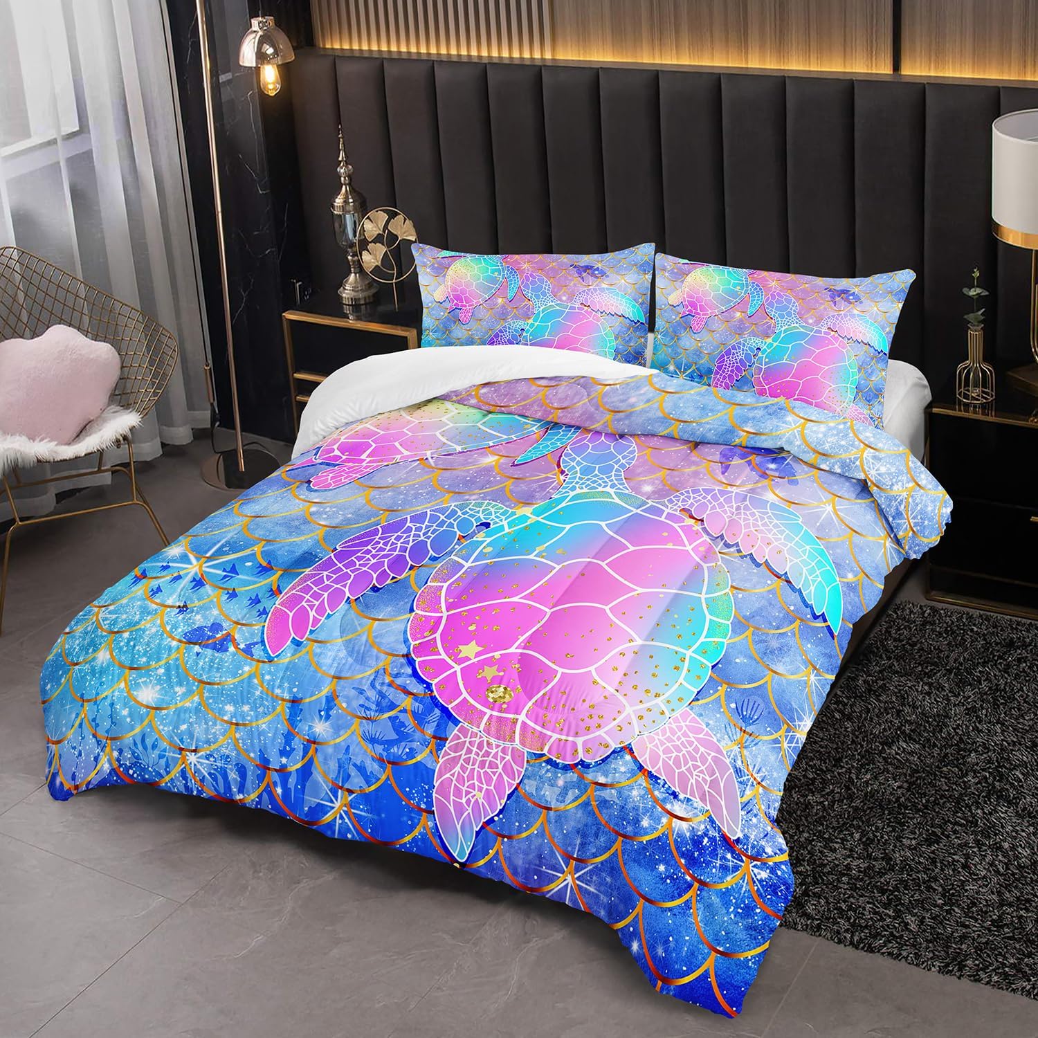 Mermaid Scales Bedding Set for Girls,Rainbow Scales Mermaid Printed Comforter Set Twin Size for Kid Women,Glitter Star Bed Set Quilts Set Lightweight