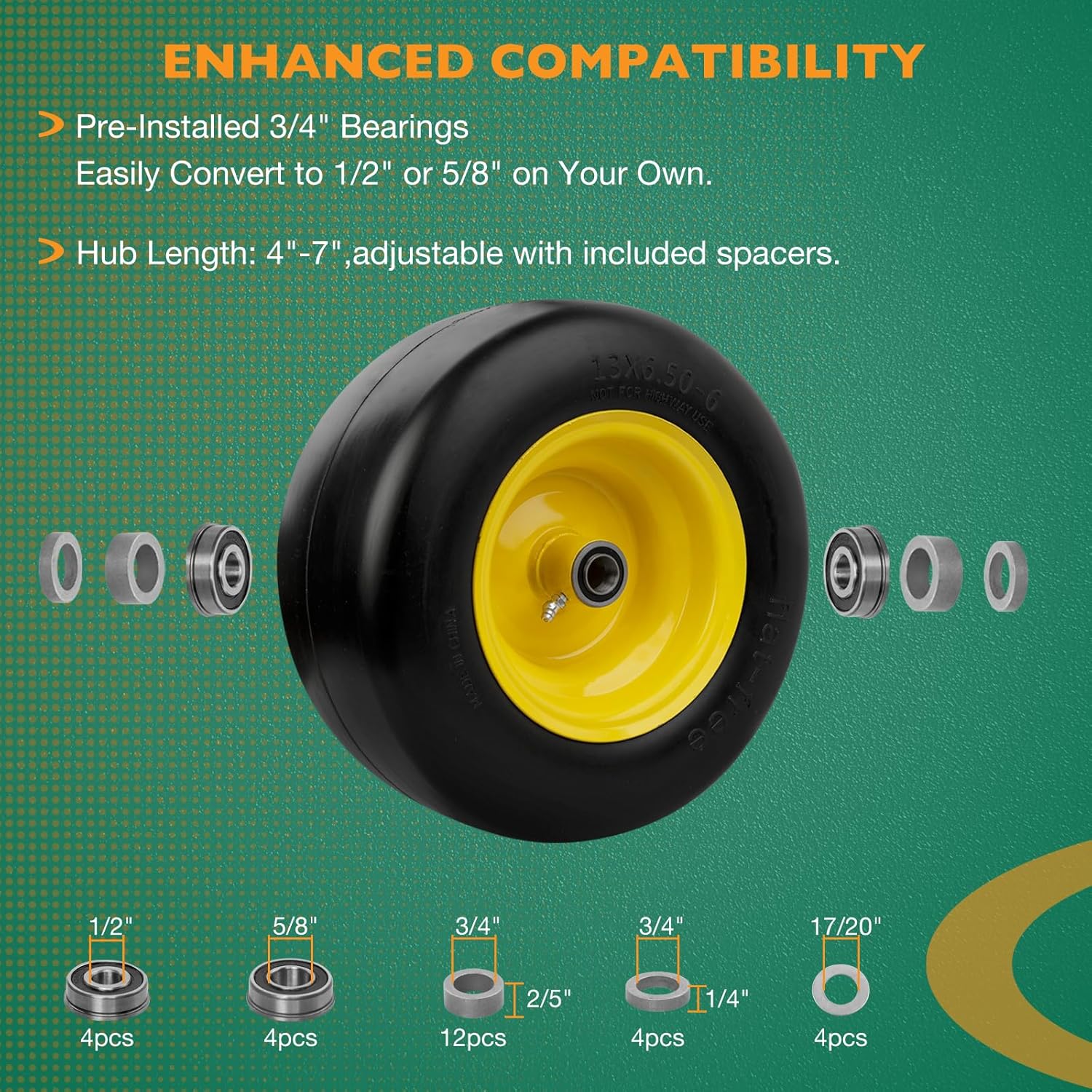 HQPASFY 13x6.50-6 Flat-Free Lawn Mower Tire & Wheel Set of 2, Zero-Turn Mower Front Tires, Pre-installed 3/4" Bearings, Includes 1/2" & 5/8" Bearings, Solid Smooth Puncture-Proof, Yellow