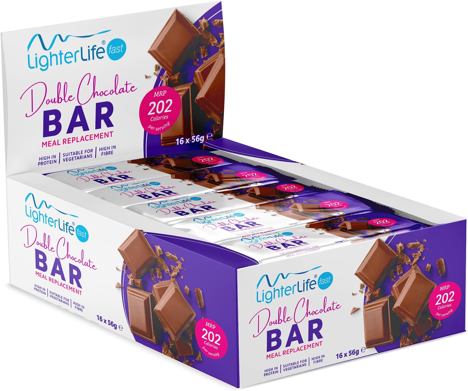 LighterLife Double Chocolate Bar, Weight Loss Meal Replacement Bar, High in Protein with up to 33% of RDA vitamins and minerals, 56g, Box of 16