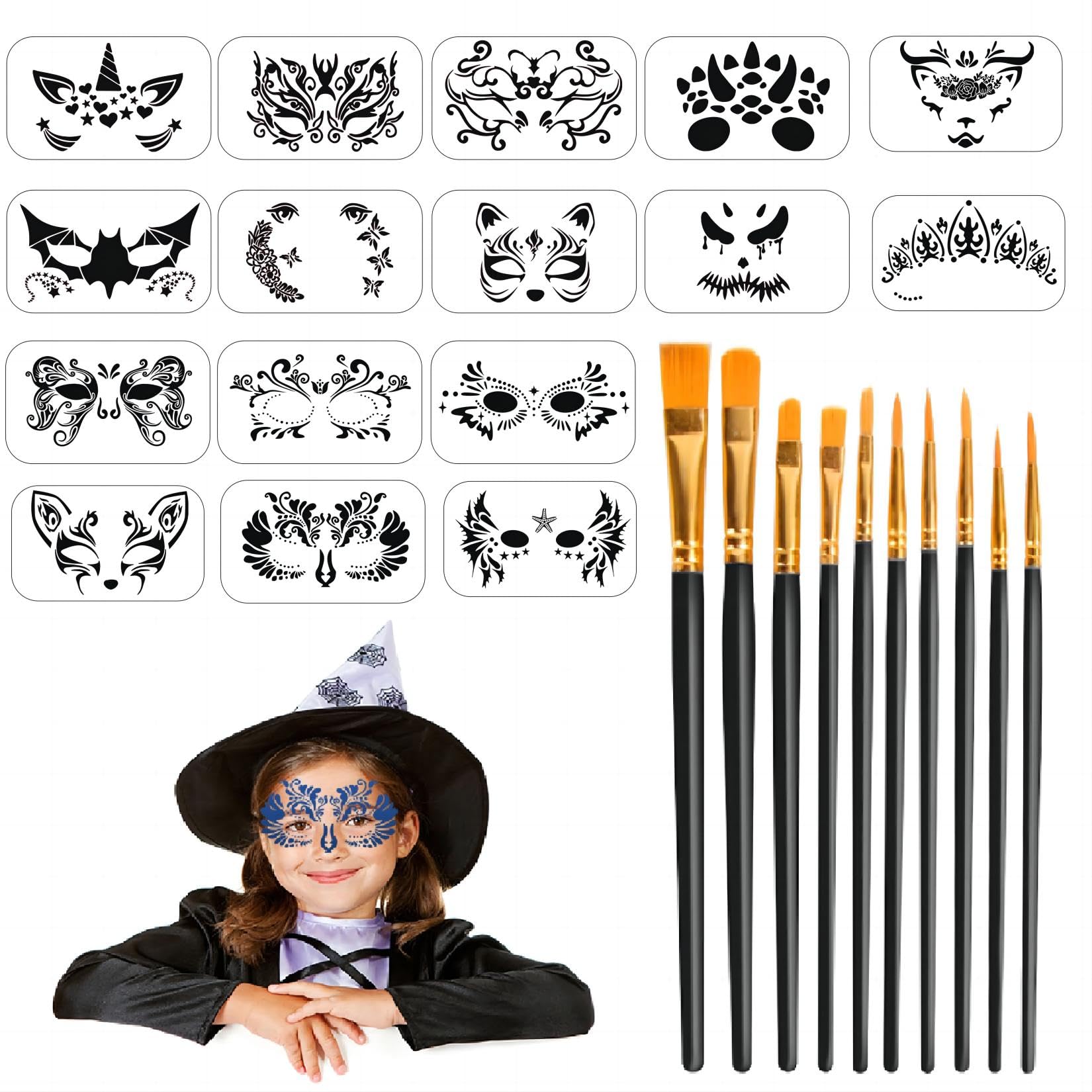 26 Stücks Gesichtsmalerei Schablonen Set, wiederverwendbare Gesichtsmalerei Schablonen temporäre Tattoos Körper Malerei Schablonen mit 10 Zeichnung Stifte für Kinder Halloween Urlaub Party Make-up