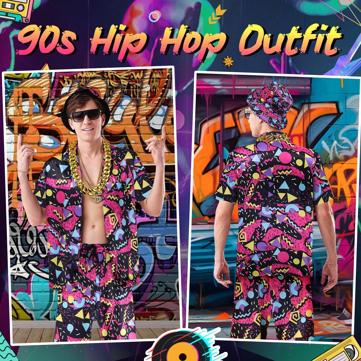 WILDPARTY 80s 90s Outfit for Men, Hip Hop Costume Button Up Blouse Tops Disco Retro Theme Party Outfit Hawaiian Vintage