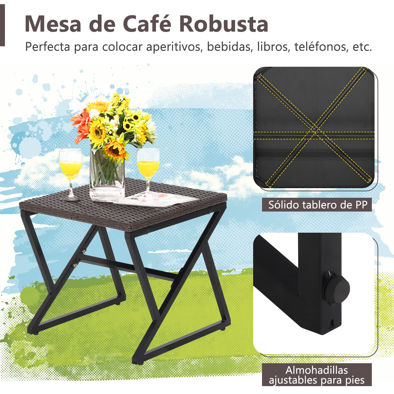 COSTWAY Conjunto de Mecedora de Jardín 3 Piezas, Sillas de Mecedora de Mimbre PE con Cojín Lavable y Mesa Auxiliar, Mesa y Sillas Terraza, Piscina, Balcón