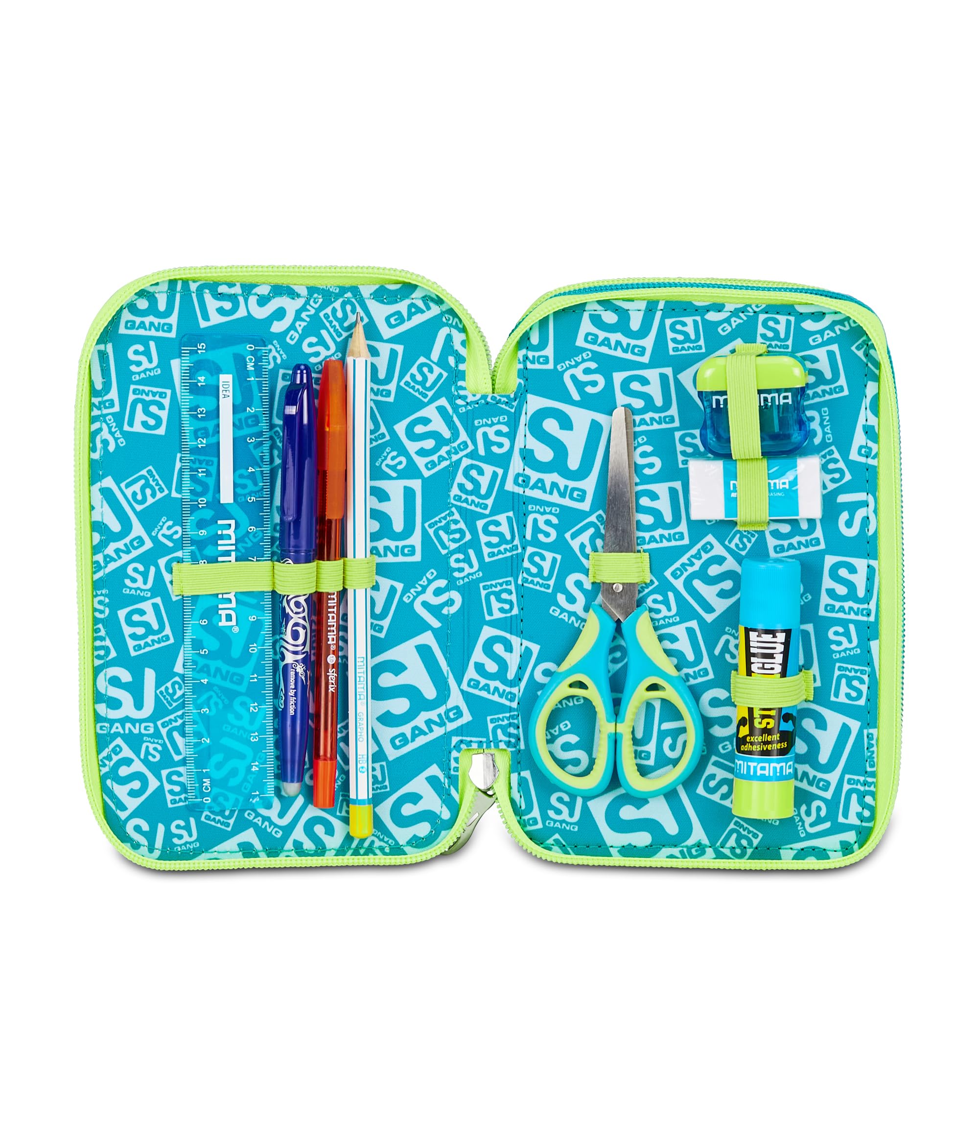 SJ GANG STYLE JAM GANG Trousse Scolaire 3 Zip, Bleu, Porte-Stylo Triple Compartiment Complet avec Stylets, Crayons, Couleurs, Accessoires Sac à Dos, école Primaire, Enfant, Bleu, Moderne