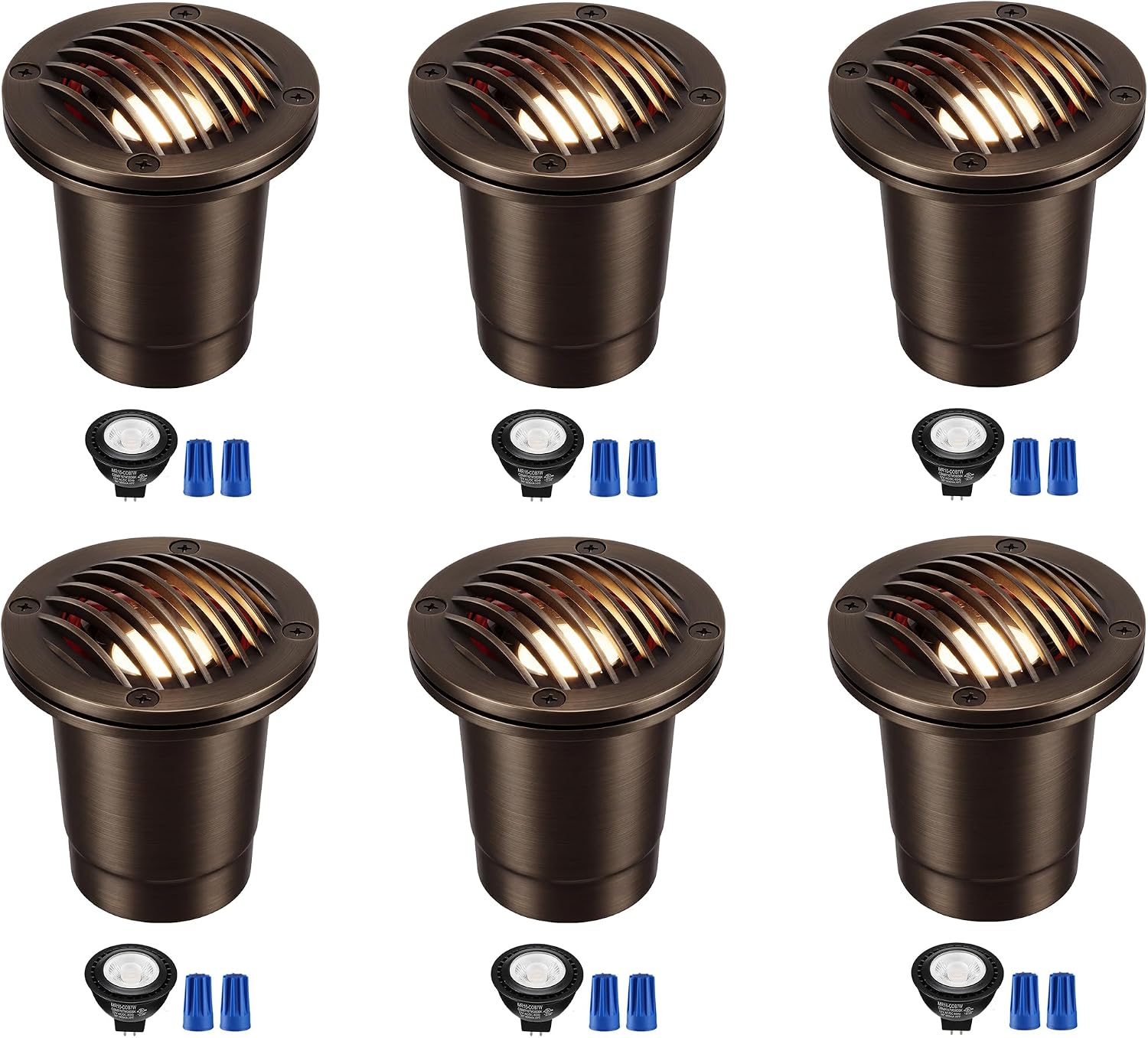 CLOUDY BAY [6 Pack] Landscape Well Lights,Brass Outdoor Low Voltage In Ground Light for Deck Pathway with Replaceable 7W MR16 LED Bulbs,Grated Top