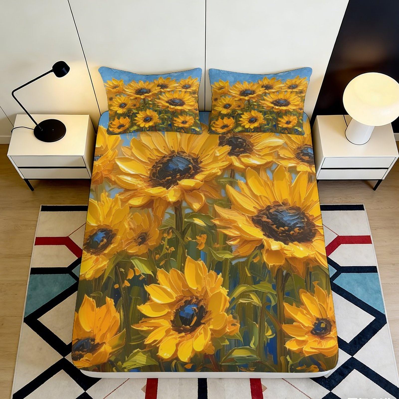 3D Printed Sunflower Bedroom Fitted Sheet Microfiber Non-Slip Deep Pocket Sunflower Mattress Fitted Cover Washable for Adults 90x200x25cm