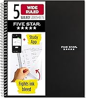 Five Star 5-Subject Spiral Notebook with Study App, Wide Ruled, 200 Sheets, Ink Bleed-Resistant, Water-Resistant Cover, Black