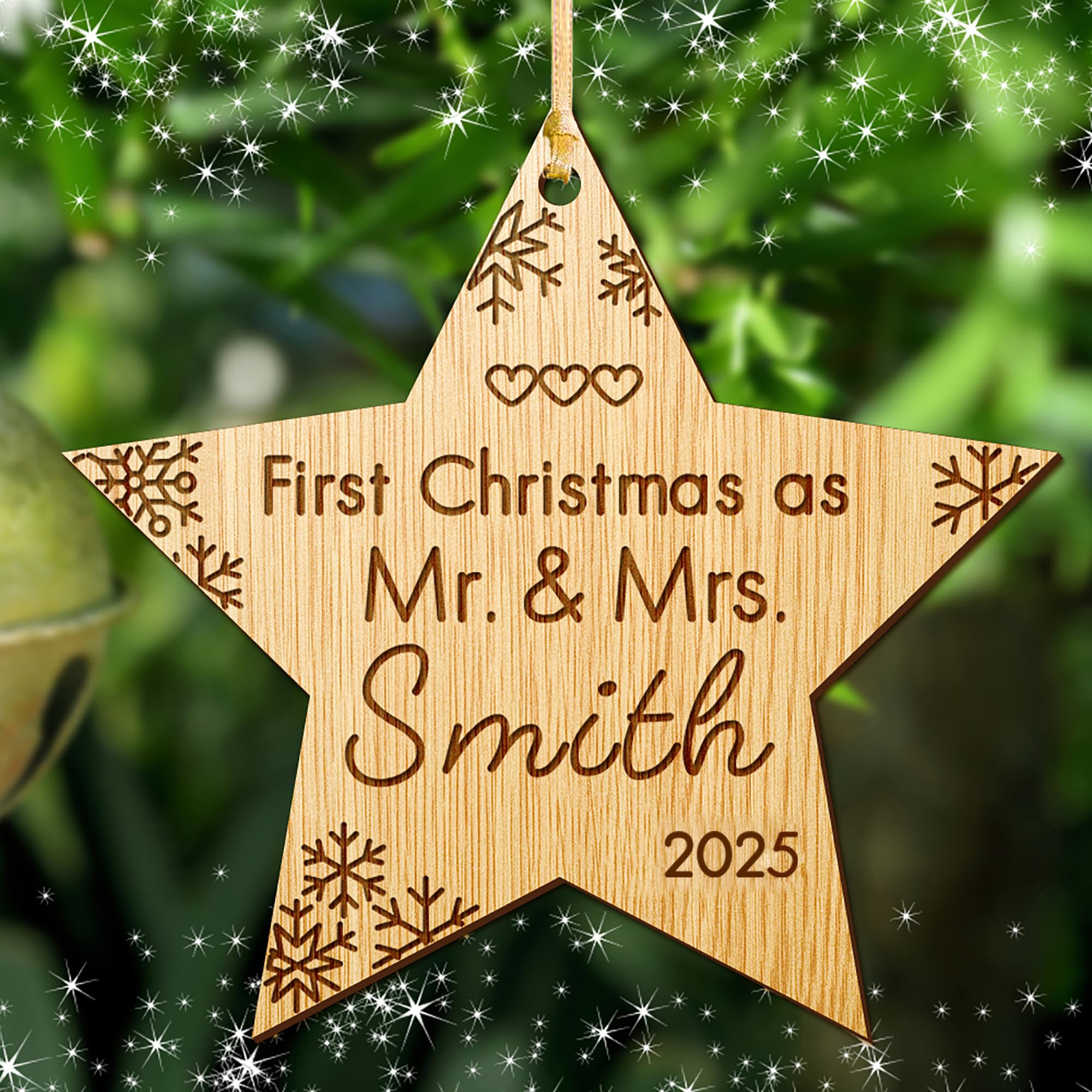 Howson London Star First Christmas As Mr And Mrs Decoration Bauble Personalised Xmas Tree Ornament Married Wood Tree Bauble For 1St Wedding Gifts Keepsake For Him Or Her Hand Finished In Uk(Star)