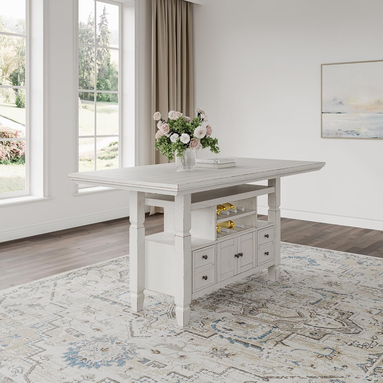 signature design by ashley robbinsdale casual counter height dining table with 10 bottle wine storage, open shelves, drawers and cabinet, antiqued white finish, 36" w x 72" l x 37" h antique white counter height dining table with storage