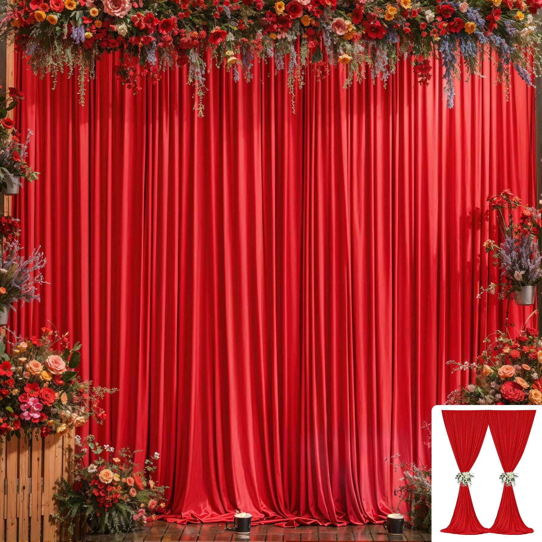 10x12ft Red Backdrop Curtains for Wedding, Wrinkle Free Photo Backdrop Curtain Drapes with Rod Pockets for Parties Baby Showers Photobooth Stages