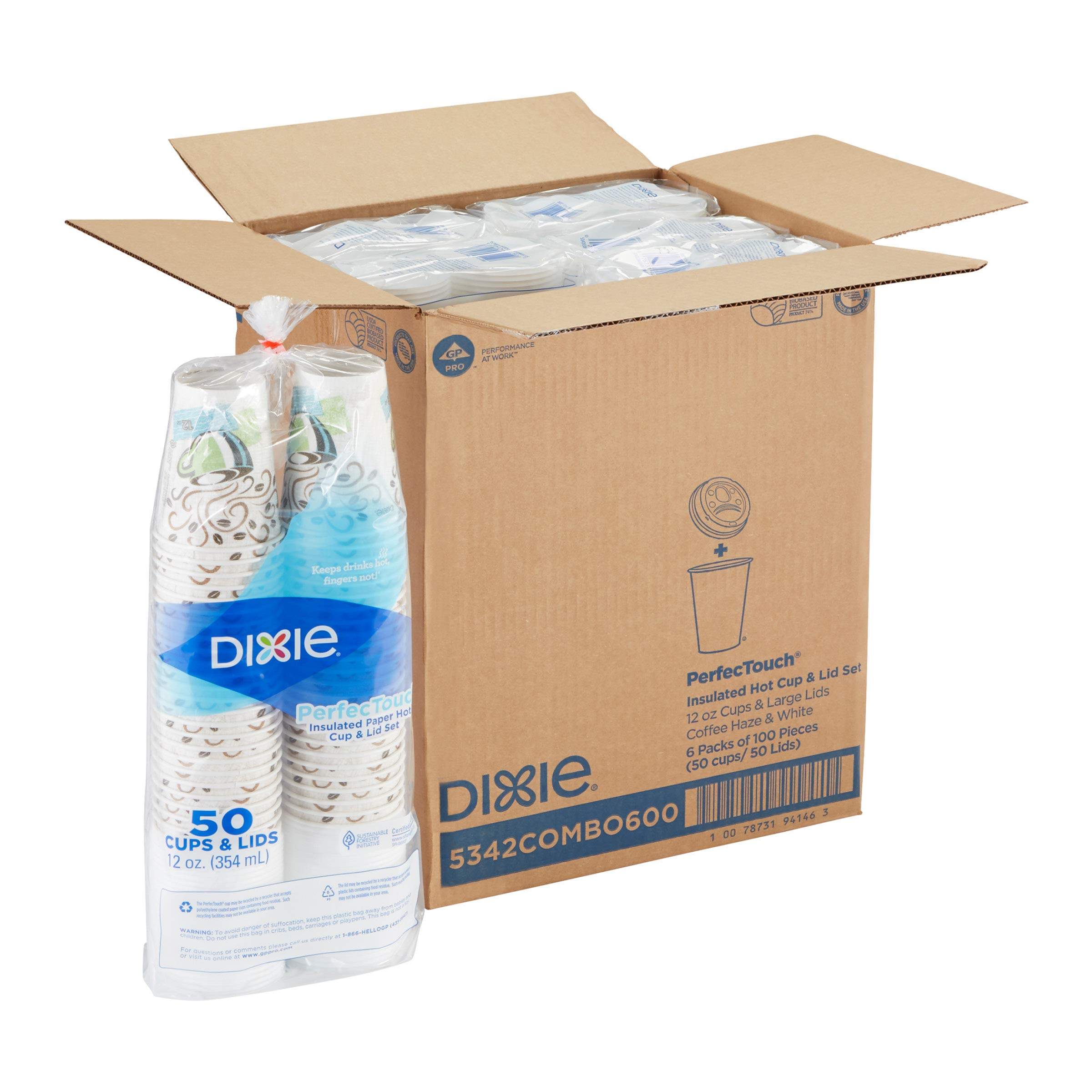 Georgia-Pacific Dixie PerfecTouch 12 oz. Insulated Paper Hot Coffee Cup & Lid Set by GP PRO, Coffee Haze & White, 5342COMBO600, 300 Cups & 300 Lids (50 Cups & Lids Per Pack, 6 Packs Per Case)