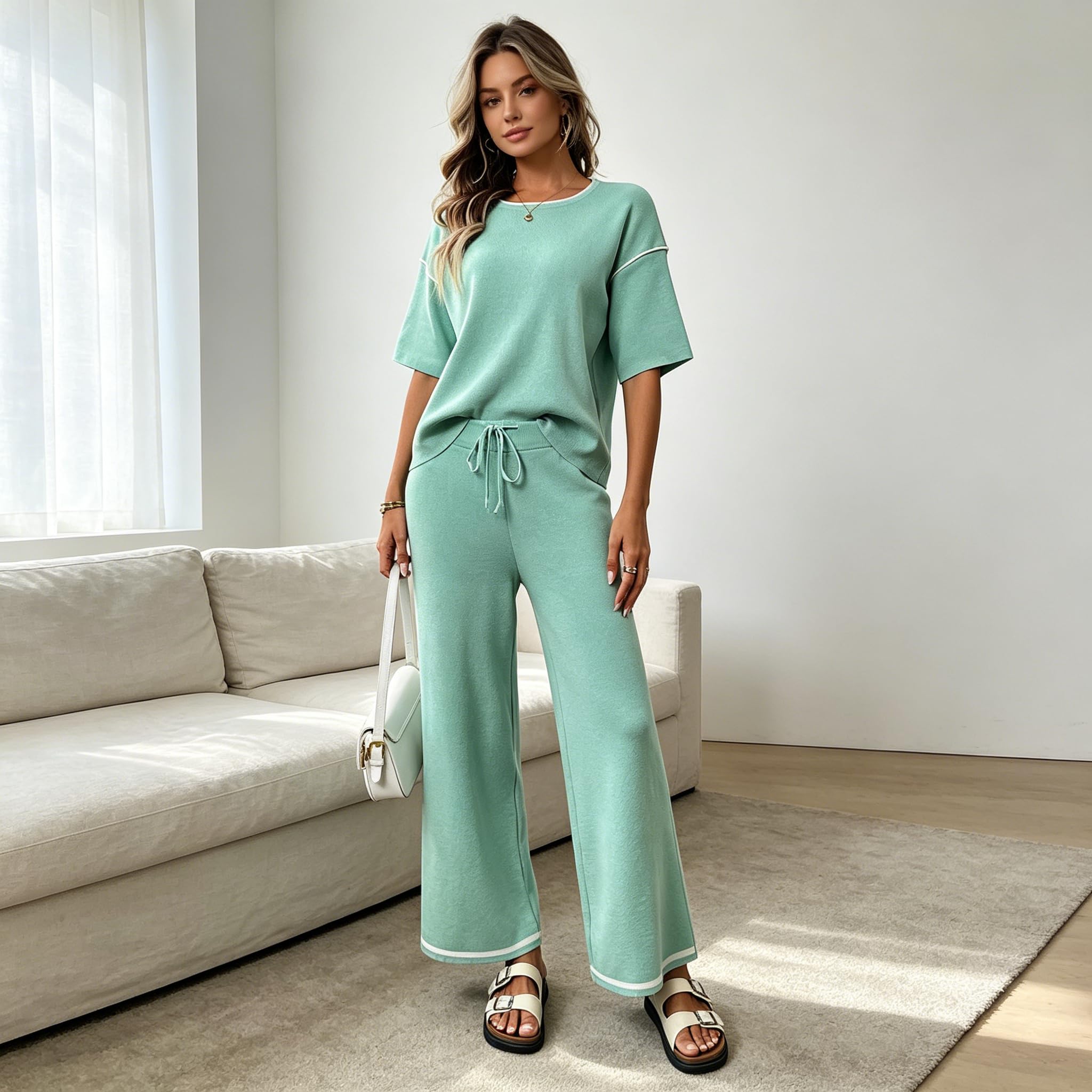 Genérico Conjunto De Dos Piezas De Verano para Mujer: Top De Manga Corta Y Pantalón De Pierna Ancha. Conjunto Deportivo Suave Y Ligero, Elástico, Informal, Ideal para Vacaciones Y para Viajar.