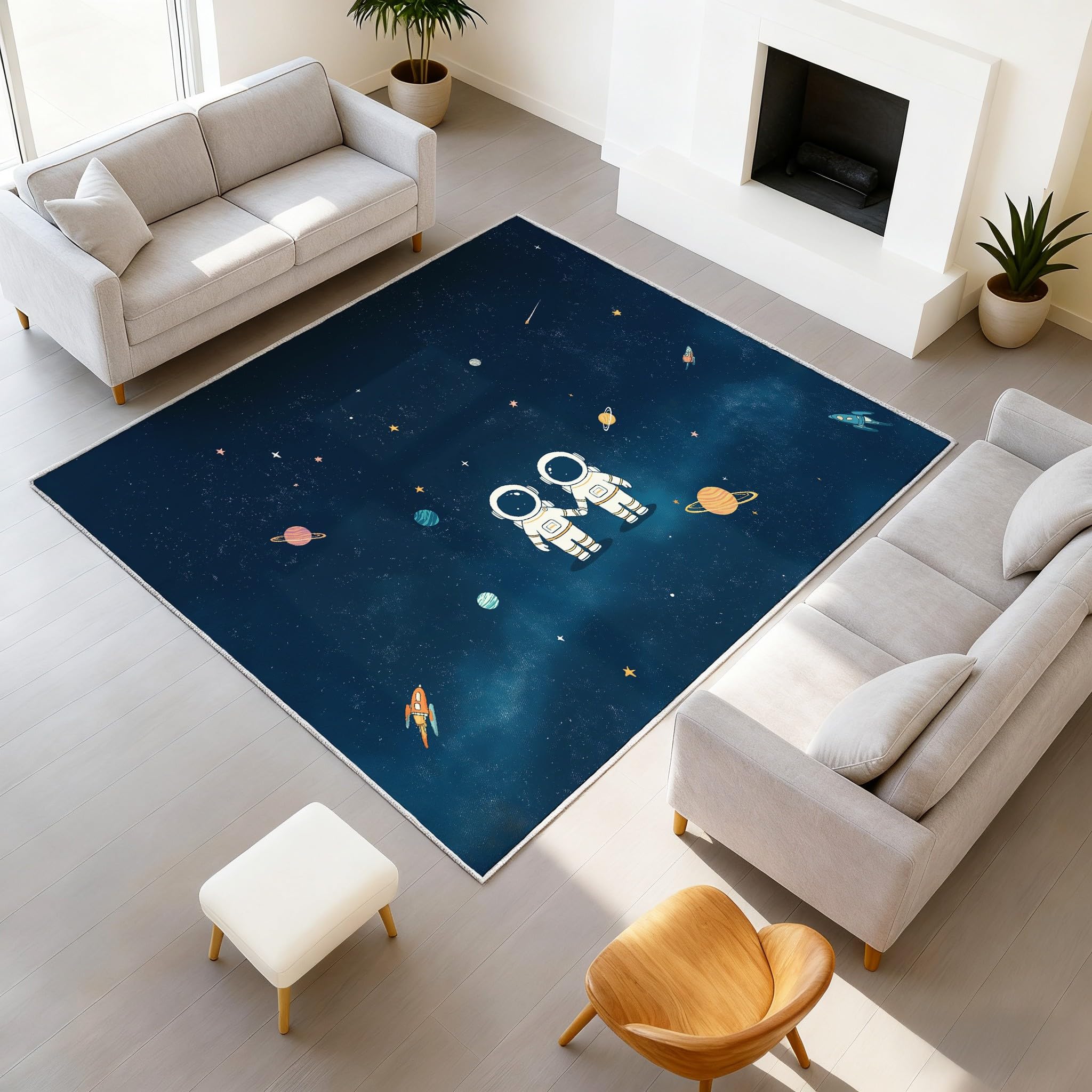 Tapis espace astronaute bleu foncé 120 x 180 cm lavable pour chambre d'enfant et salon