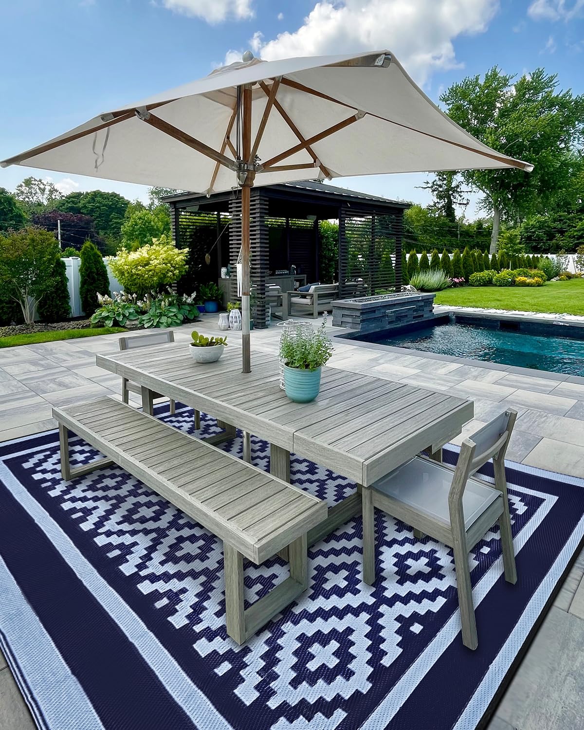 Kohree Tapis d'extérieur réversible avec 4 piquets et 1 sac de transport pour camping-car, terrasse, arrière-cour, pique-nique, porche, bleu, 2,9 x 3,5 m