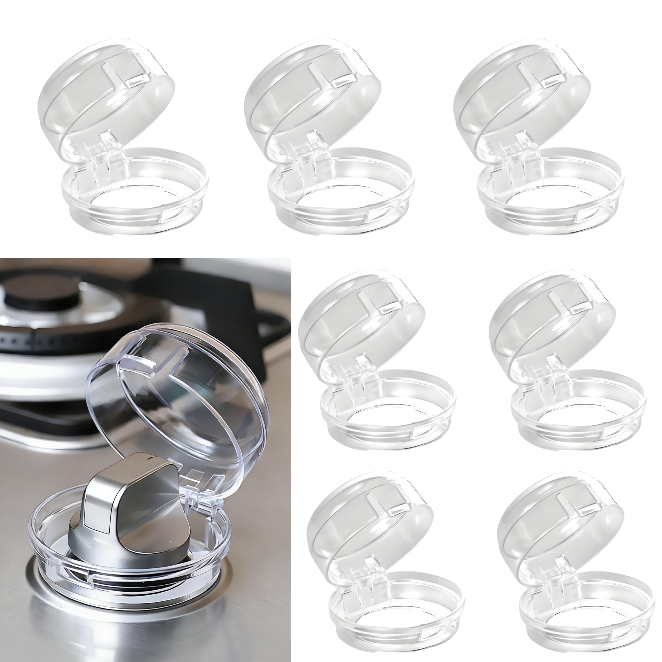 6 Stück Herdknopf Kindersicherung für große max. Ø 4,2cm und 4 cm Hohe Herdknöpfe, Transparente Gasherd Knopfabdeckungen mit Klebstoff für Herd, Backofen Bedienfeld