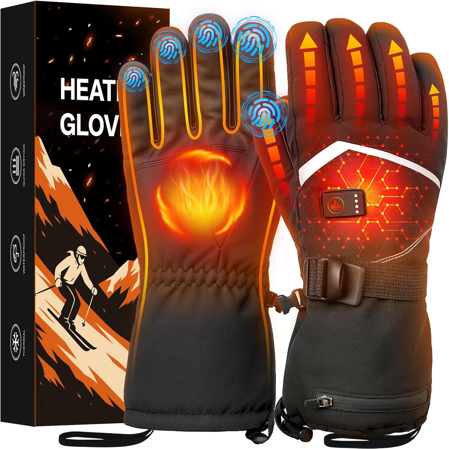 Heated Gloves, Rechargeable Heated Gloves for Men Women, Waterproof Electric Heating Ski Gloves with Touchscreen for Cold Weather Motorcycle Skiing Snowboarding Hiking Hunting Gifts (Black,M)