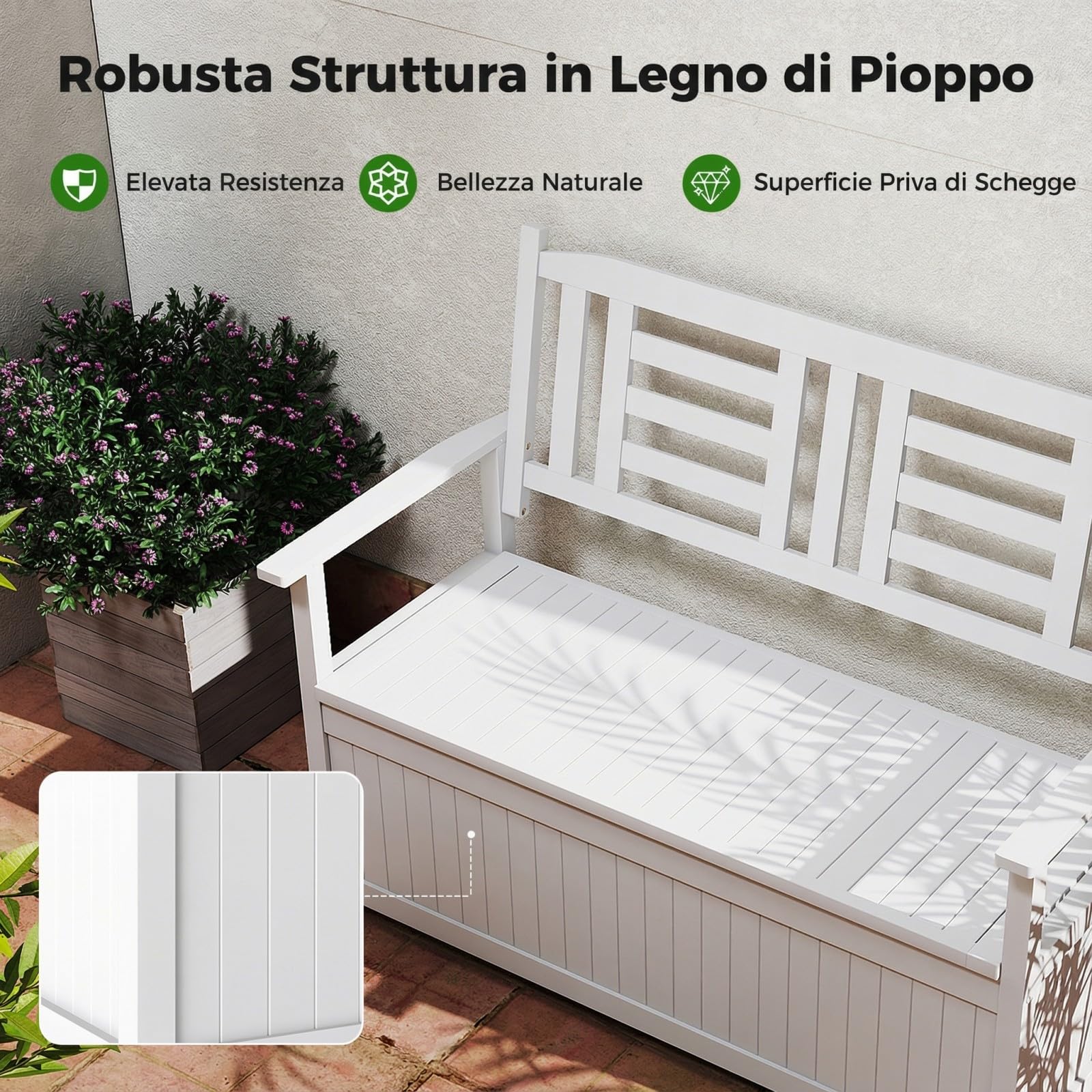 COSTWAY Panchina da Giardino con Contenitore di Legno, Cassapanca da Esterno 2 Posti con Schienale e Braccioli, Panca per Cortile e Ingresso, 123 x 68,5 x 96 cm (Bianco)