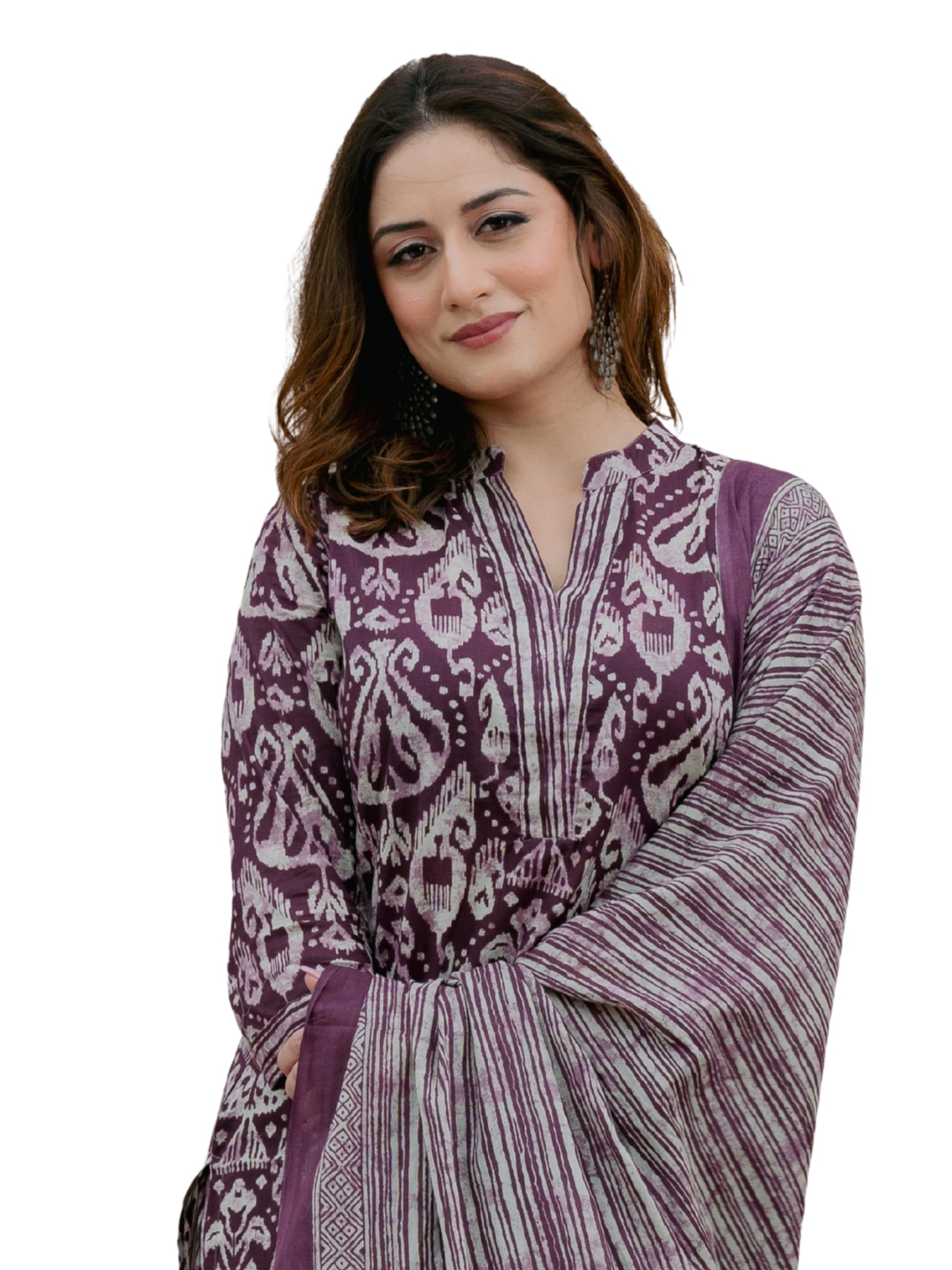 Arayna Women’s 100% Pure Cotton Ikat Printed Ethnic Straight Kurta Pant and Dupatta Set for Women