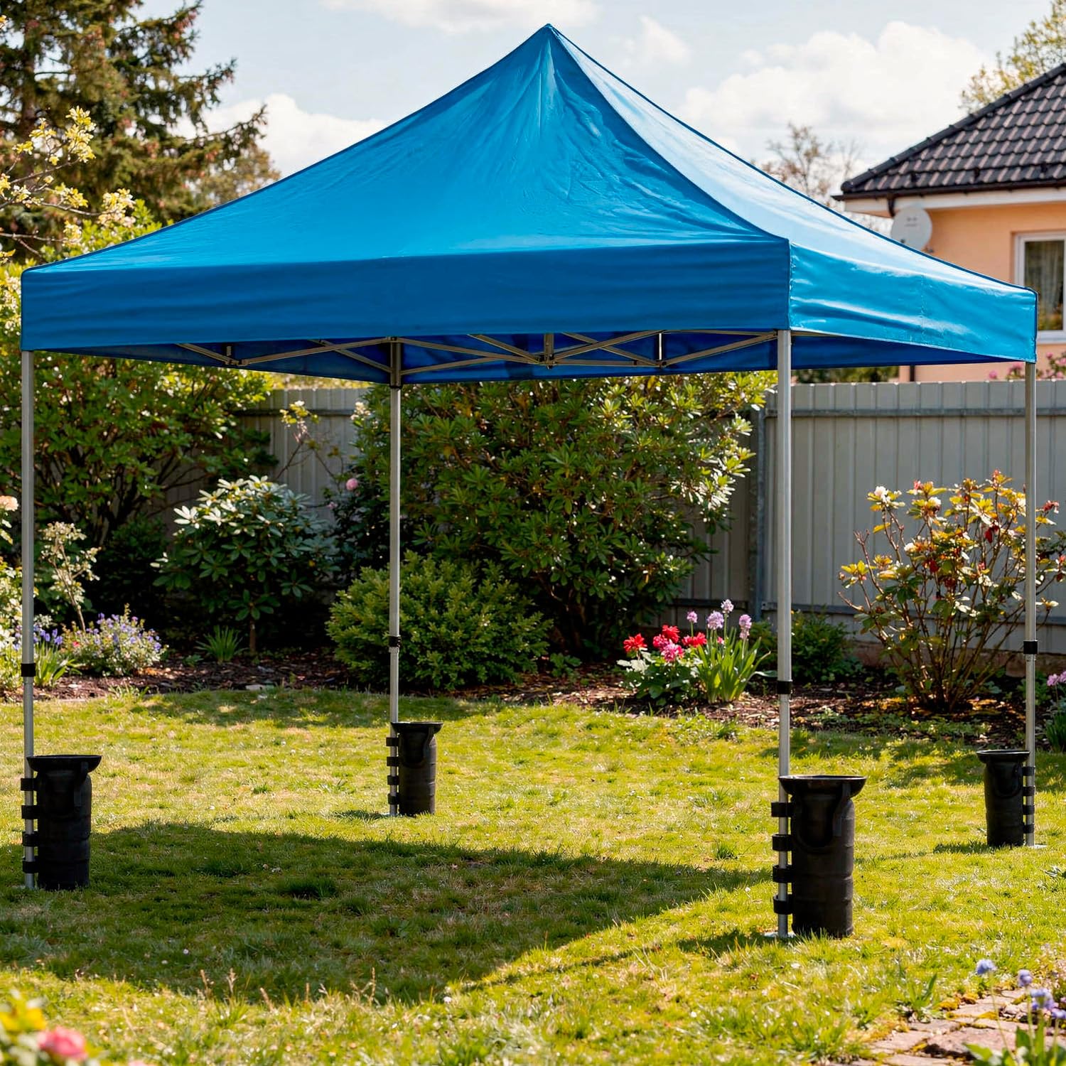 Gazebo Professionale 3x3 M Richiudibile Automatico In Acciaio Con Telo Oxford 1200D PVC Impermeabile e Anti UV Struttura a Fisarmonica con Sacche Zavorra e Borsa Trasporto Sagre Feste Eventi (Blu)