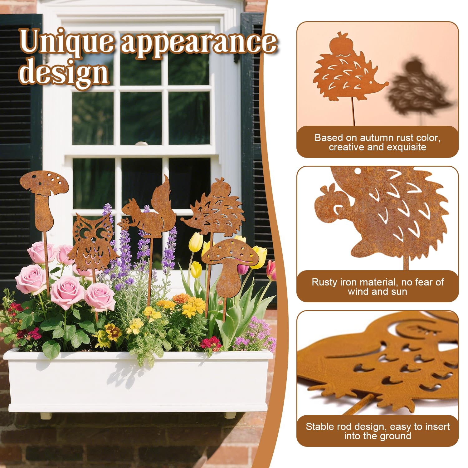 Piquet Métallique Pour Jardin Dog's Booty Lot De 8 Piquets De Jardin En Métal Rouillé - Décoration D'automne - Hibou - Hérisson - Champignon - Décoration De Jardin Pour Pots De Fleurs