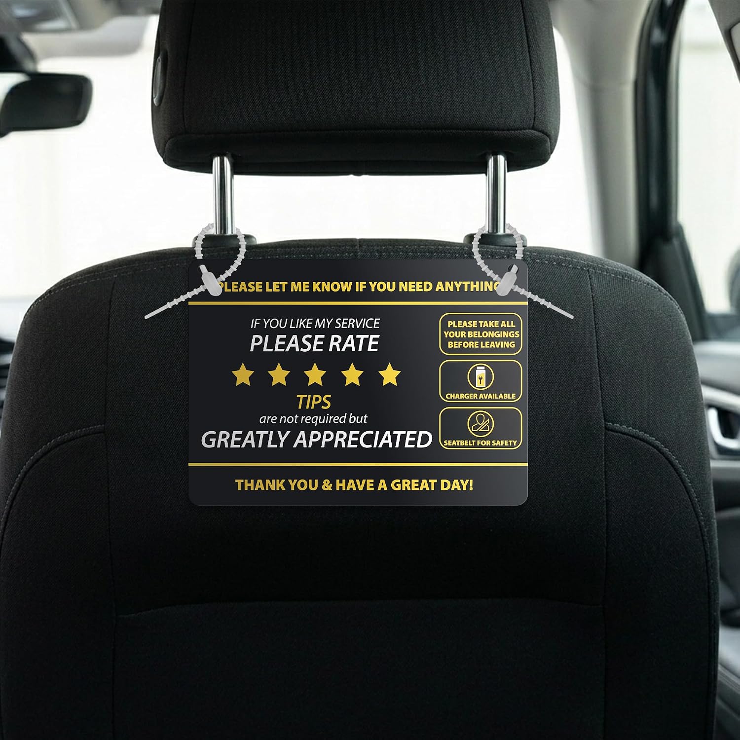 4-Pack Double-Sided Rideshare Backseat Signs with Zip Ties, Multi-Function Service & Safety Reminder Signs for Drivers