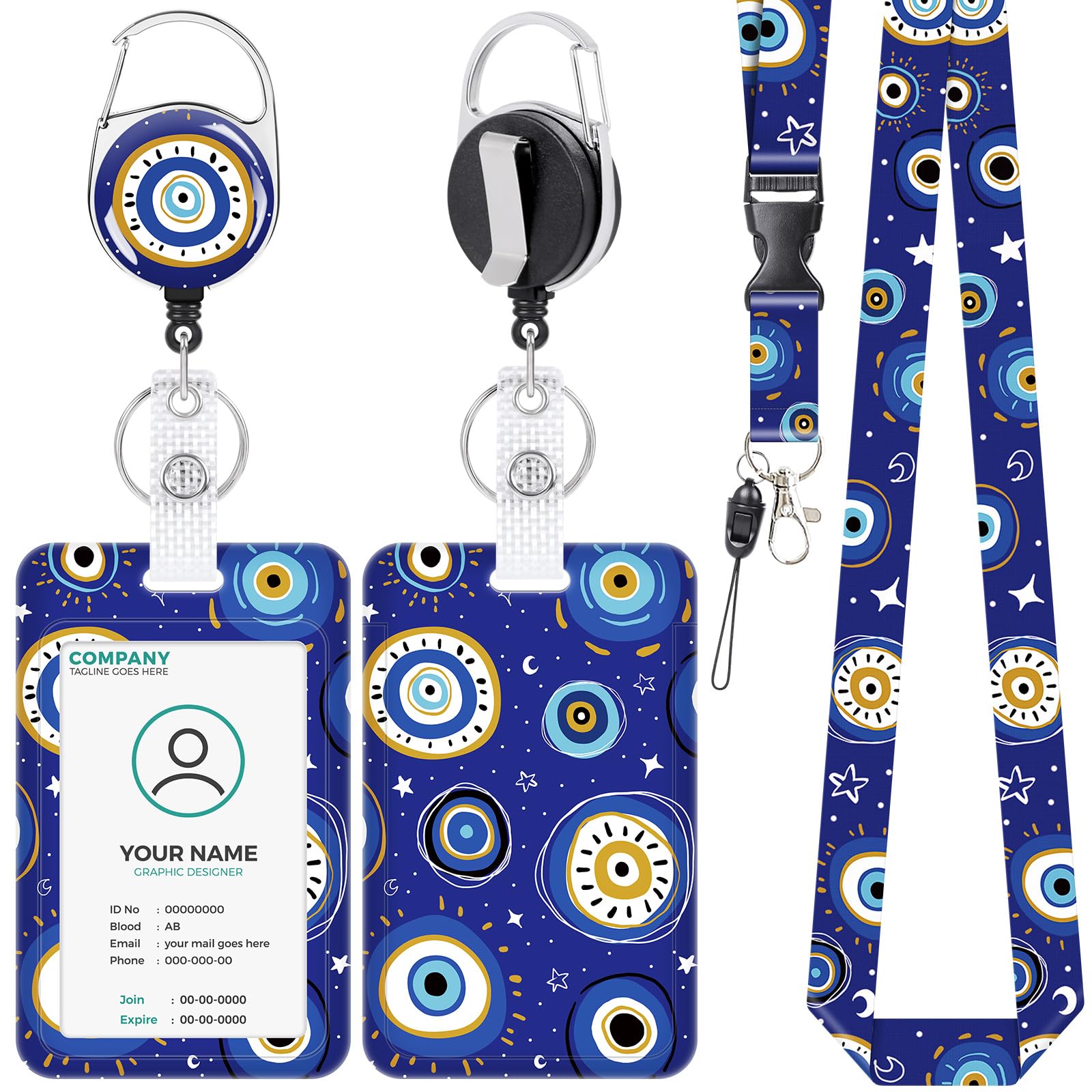 Anseal Evil Eye Lanyards for Id Badges Holder, Retractable Name Tag Holder with Keychain, Vertical Id Credit Card Holder Badge Reel for Nurse Teacher