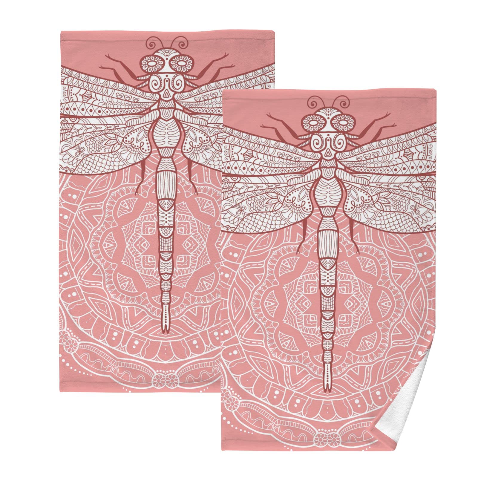 YOUJUNER 2 Piece Cotton Towel Set Mandala Ethnic Dragonfly Hand Towel Face Towels Bath Towels Washcloths Fingertip Decorative Towels