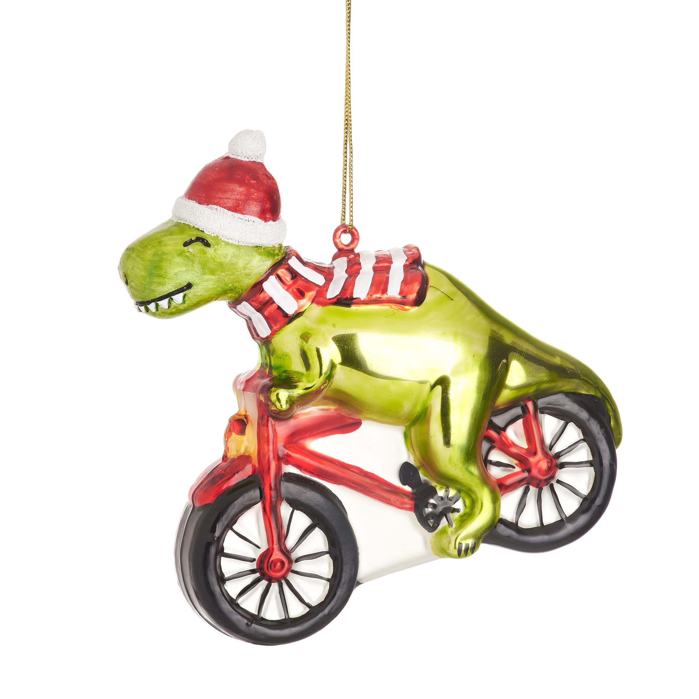 Sass & Belle Green Dinosaur On A Bicycle Shaped Bauble