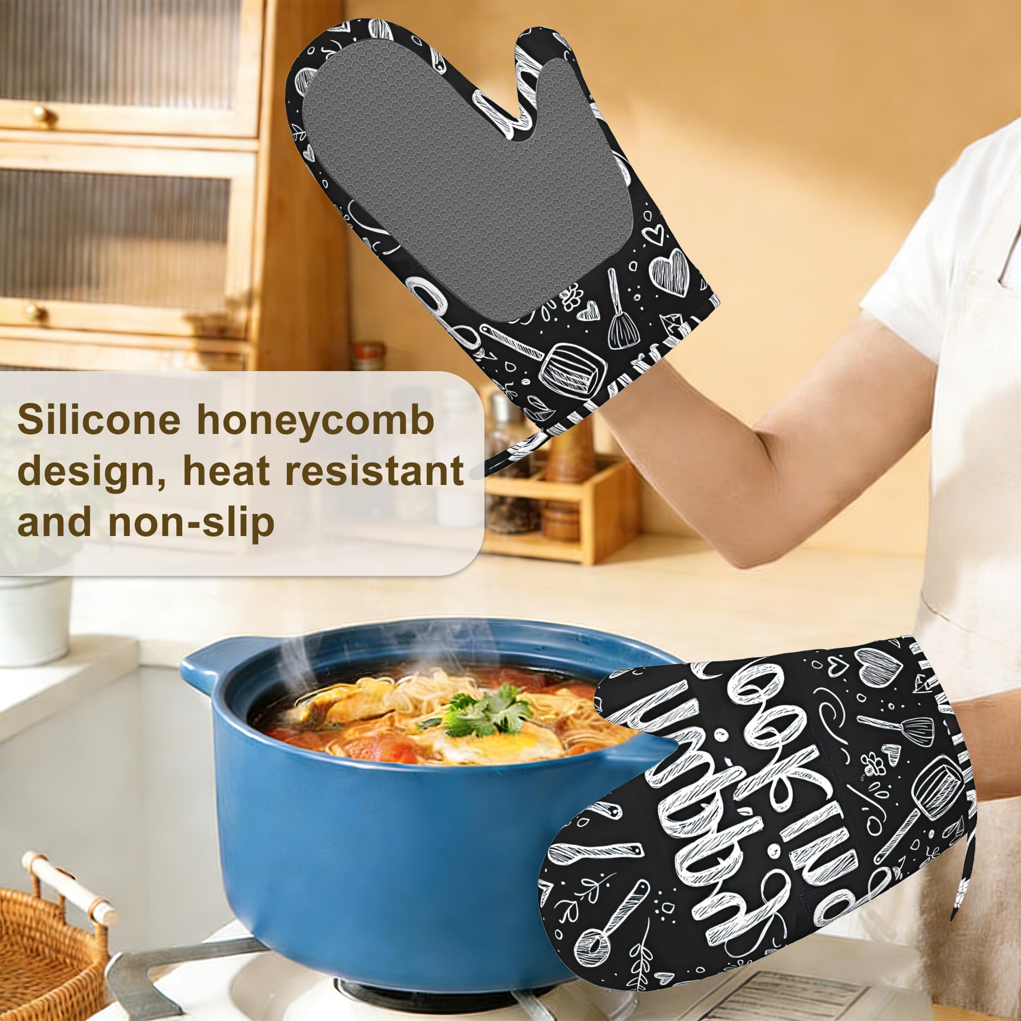Happy Cooking - Juego de 4 manoplas de horno y soportes para ollas, guantes de cocina resistentes al calor con silicona antideslizante para hornear, cocinar, barbacoa