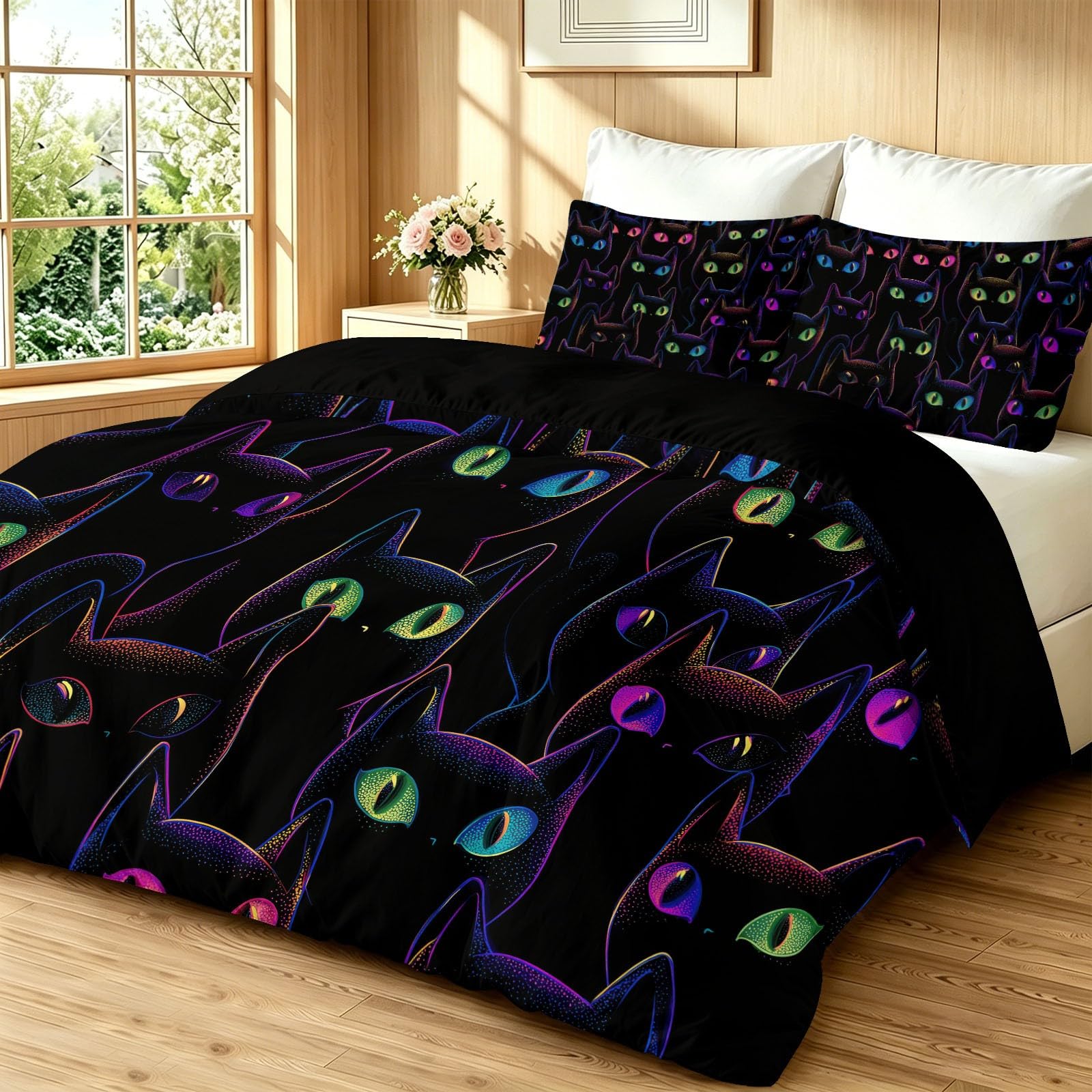 Juego de funda de edredón y 2 fundas de almohada de 50 x 75 cm, diseño de gato negro neón, microfibra suave y transpirable, 230 x 220 cm, diseño de gato negro neón