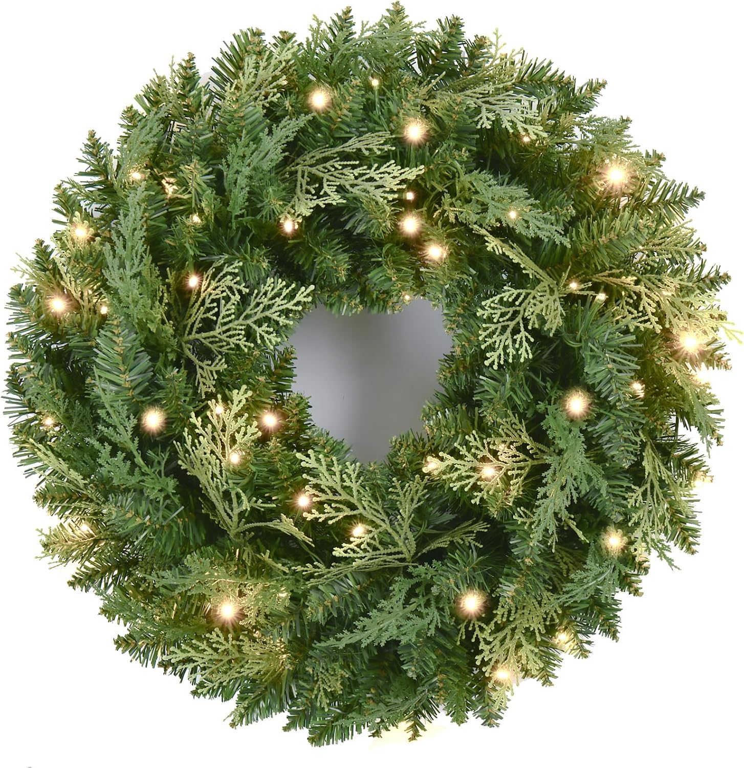 24 Inch Artificial Pre-Lit Christmas Wreath Spruce, 50 LED Warm White & Multi-Color Lights with Timer, Battery Operated, Holiday Decoration for Front Door, Outdoor