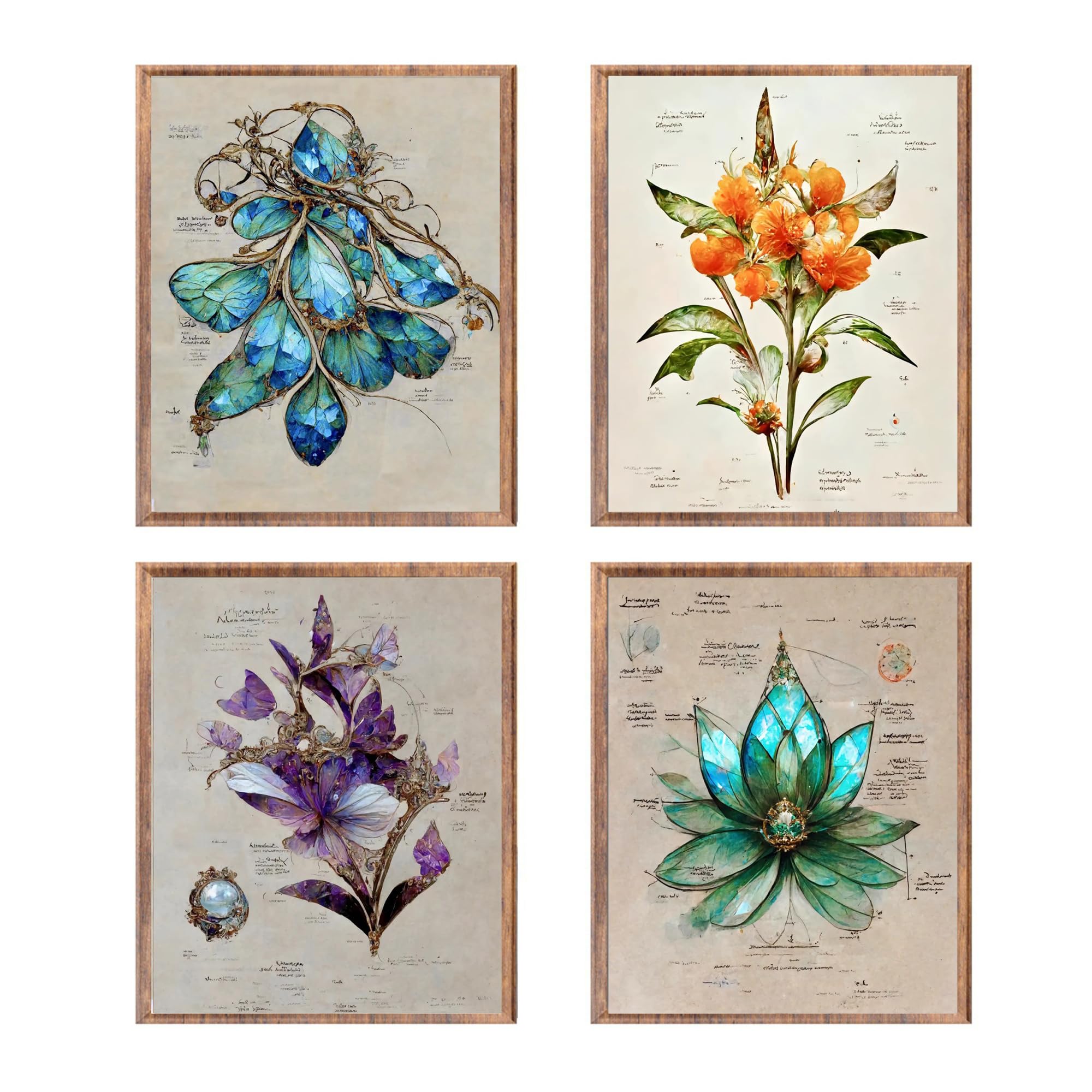 LAPUZK Set of 4 Nordic Woodland Flowers Collage Kit Wildflowers Botanical Illustration Aesthetic Picture Canvas Poster Novelty Painting Dorm Bedroom Decor for Teen Boys Girls, alexandrite