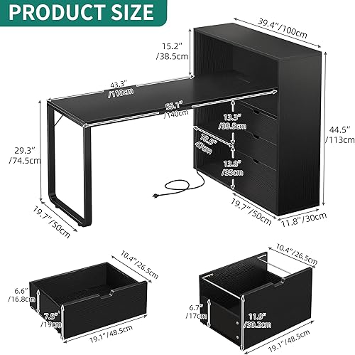 Miniatura 2 de YITAHOME L Shaped Desk with Power Outlets & LED Lights & File Cabinet, 55" Corner Computer Desk with 3 Drawers & 3 Storage Shelves, Home Office Desk