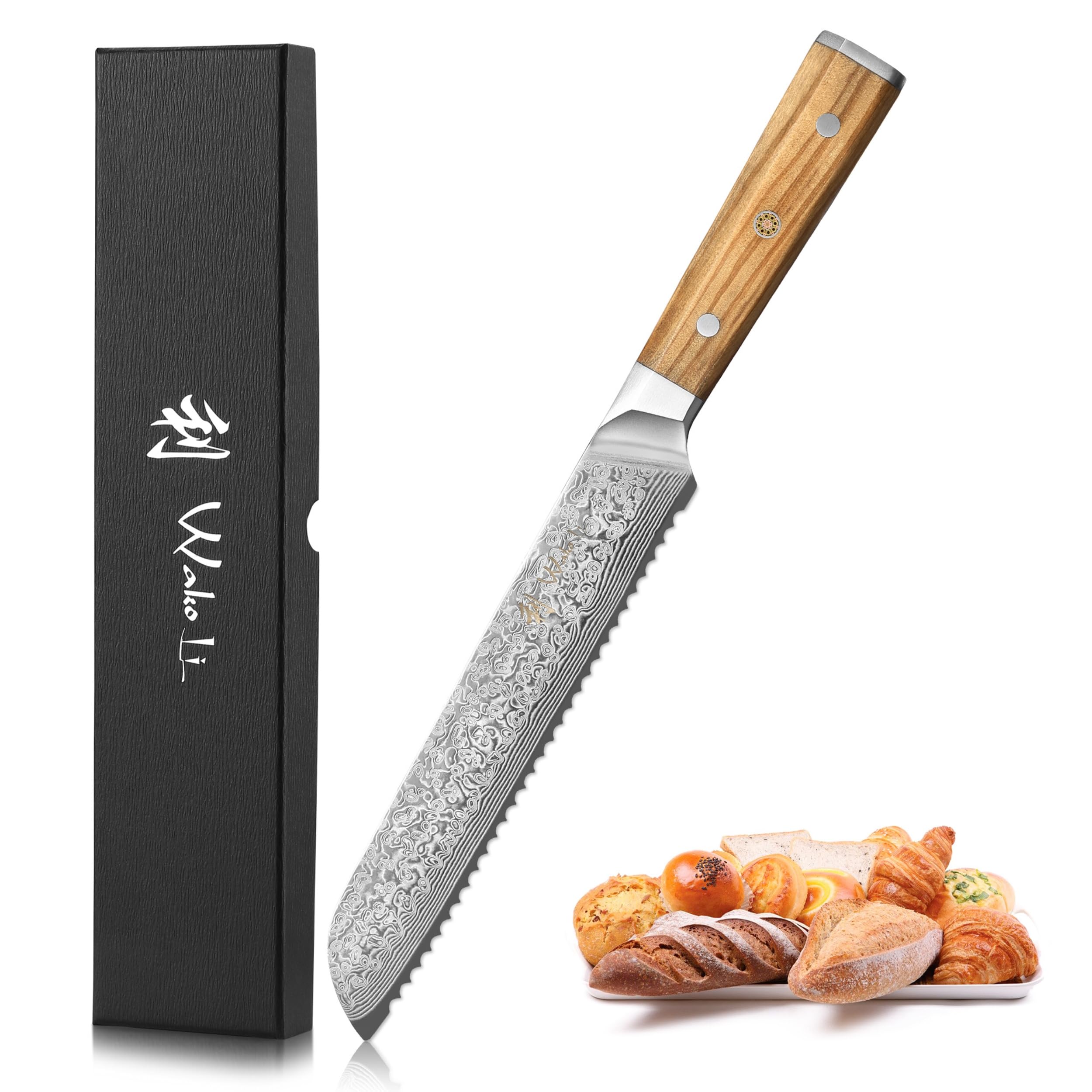 Wakoli Oribu Brotmesser mit 20 cm Klinge, VG10 Kern, 67 Lagen Damaststahl | Brotmesser: einseitiger 15° Wellenschliff, Full Tang, Olivenholzgriff, für Brot, Brötchen und Baguette, Geschenkbox