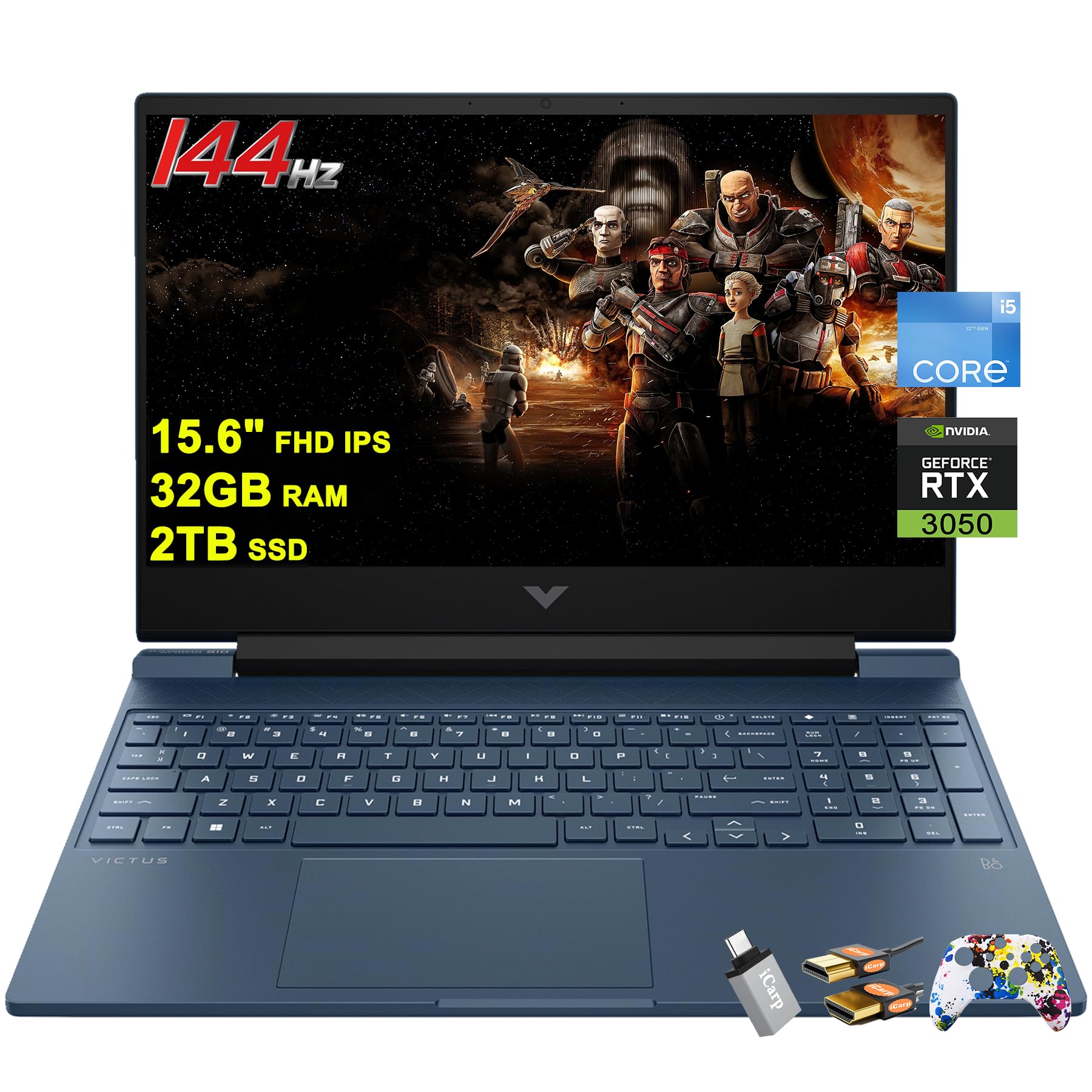 HP Victus 15 Gaming Laptop 15.6” FHD IPS Anti-Glare 144Hz Intel 8-core i5-12450H (Beat i7-11800H) 32GB RAM 2TB SSD GeForce RTX 3050 Backlit B&O Fast Charging Win11 Blue w/ICP Accessory