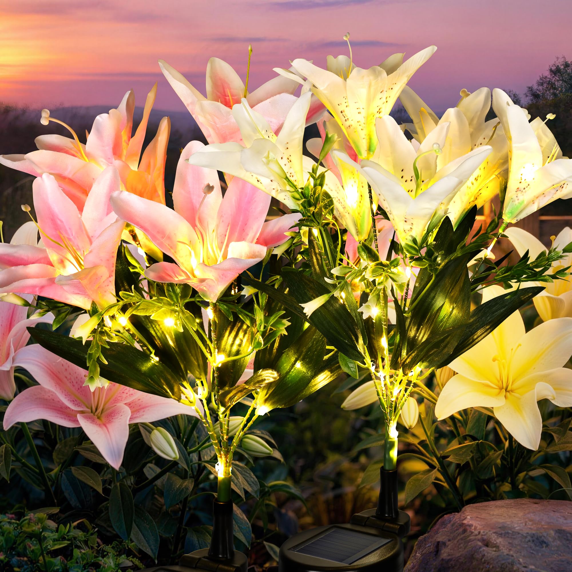 GIGALUMI Solar Garden Lights, 2 Pack LED Lily